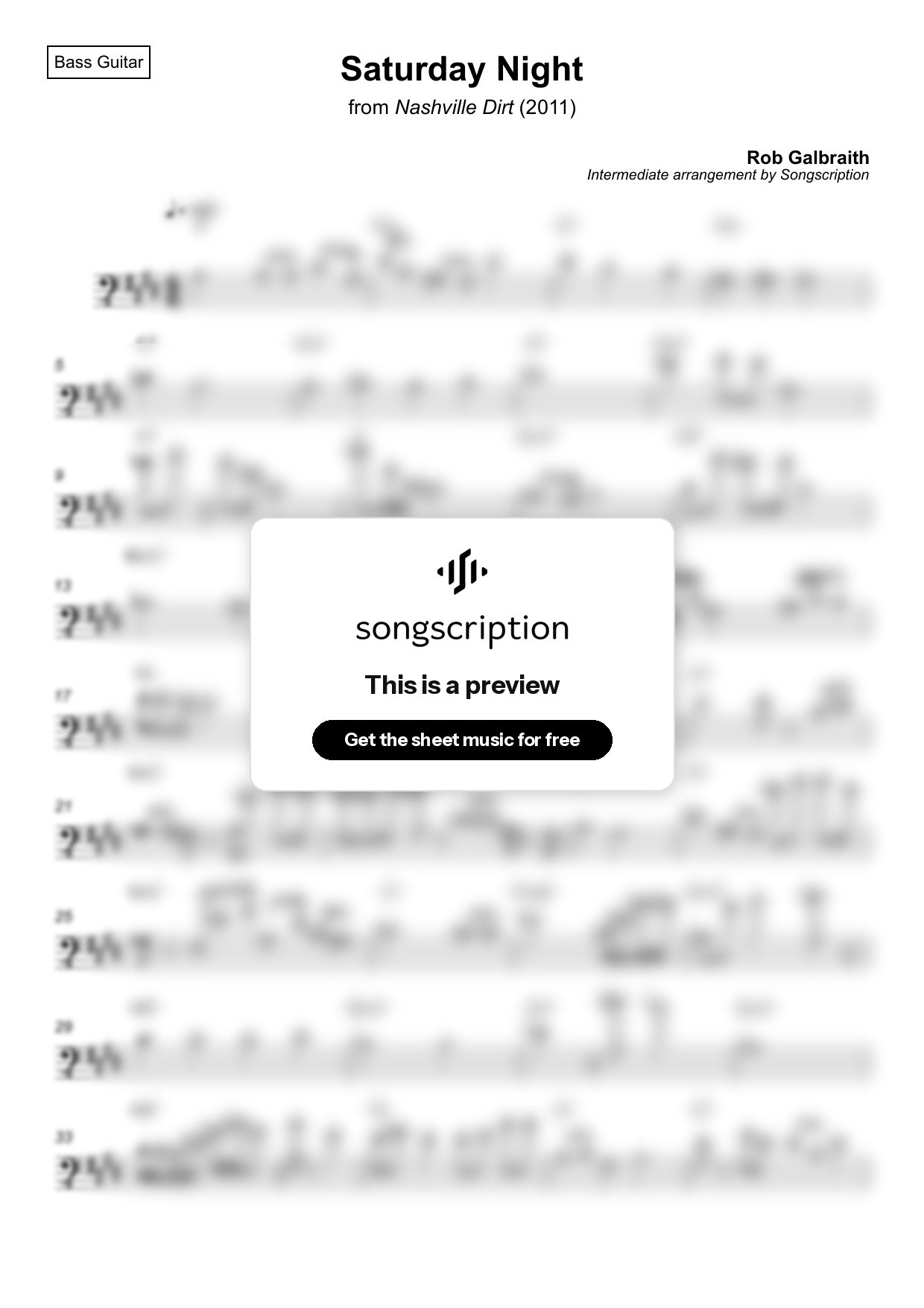Intermediate Bass Guitar Sheet Music for "Saturday Night" by Rob Galbraith