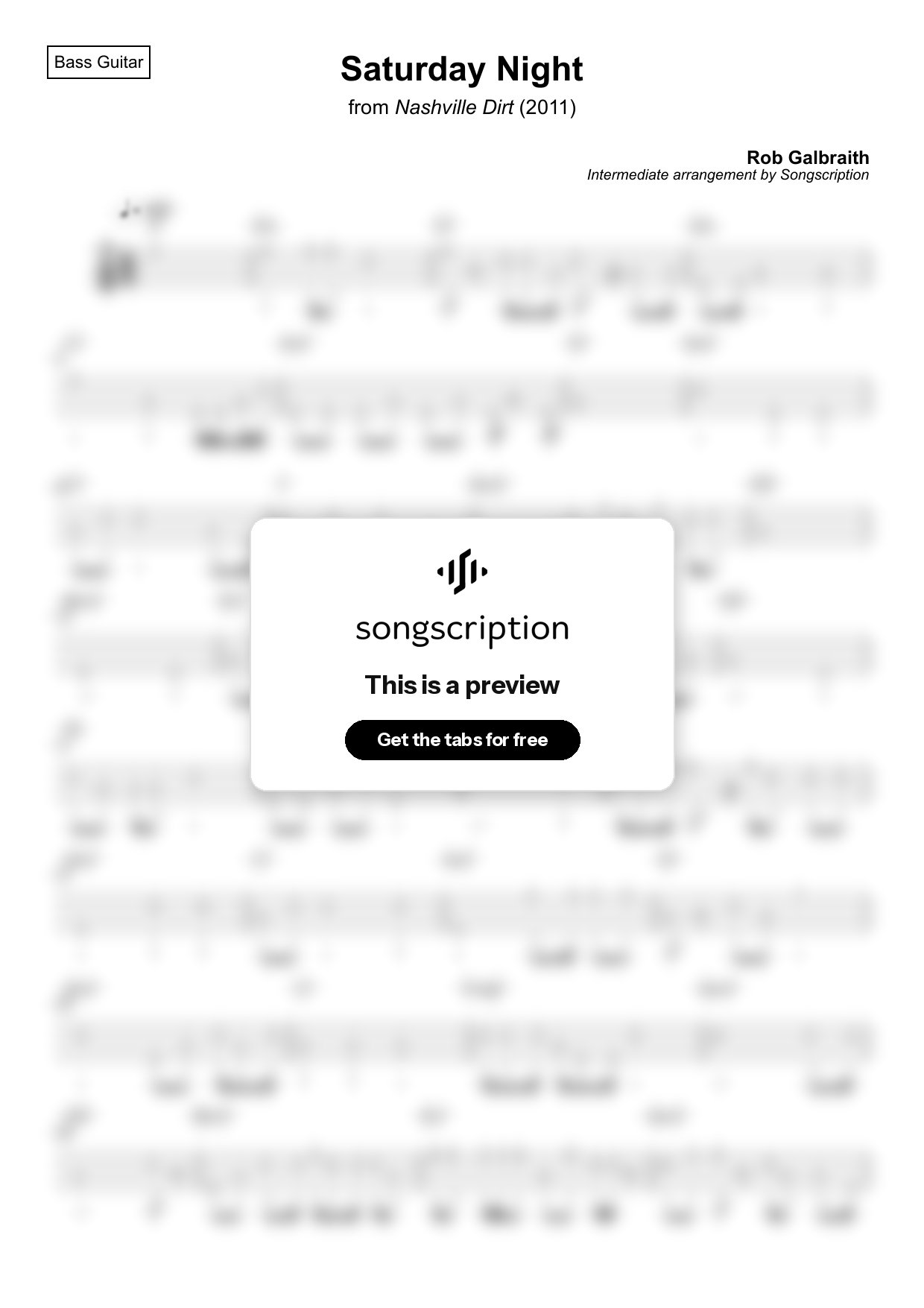 Intermediate Bass Guitar Tabs for "Saturday Night" by Rob Galbraith
