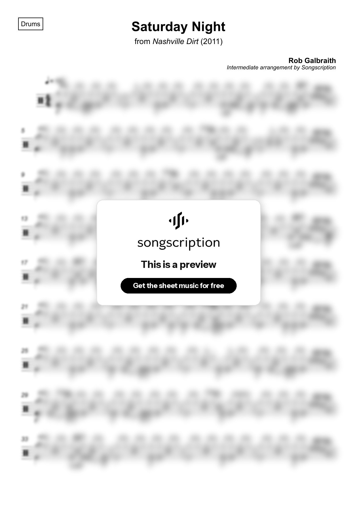Intermediate Drums Sheet Music for "Saturday Night" by Rob Galbraith