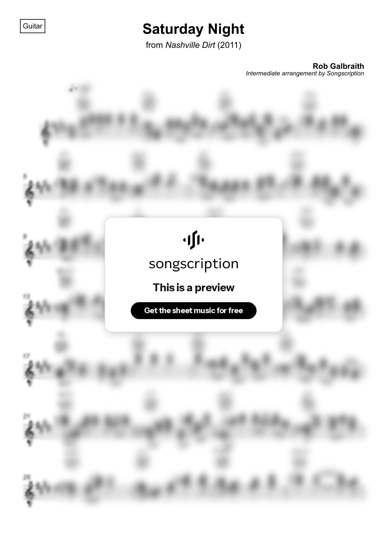 Intermediate Acoustic Guitar Sheet Music for "Saturday Night" by Rob Galbraith