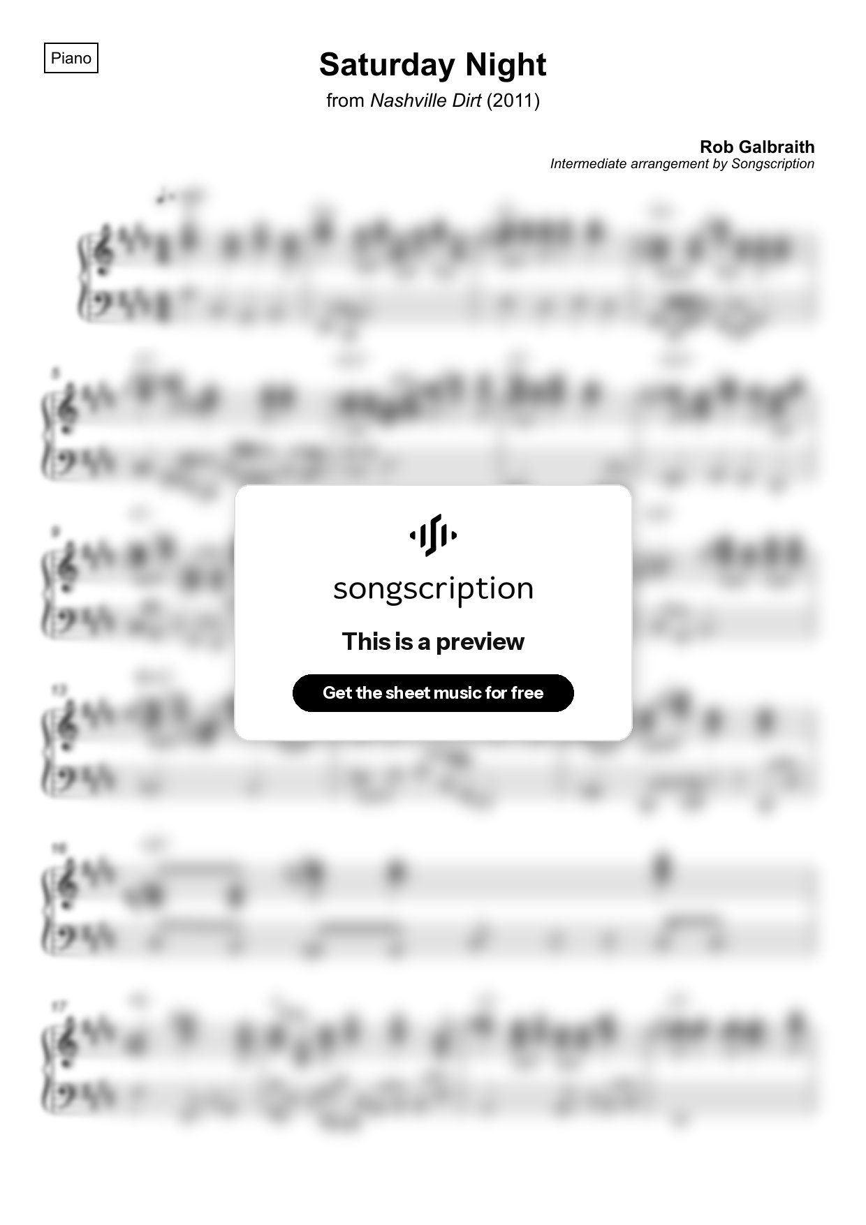 Intermediate Piano Sheet Music for "Saturday Night" by Rob Galbraith