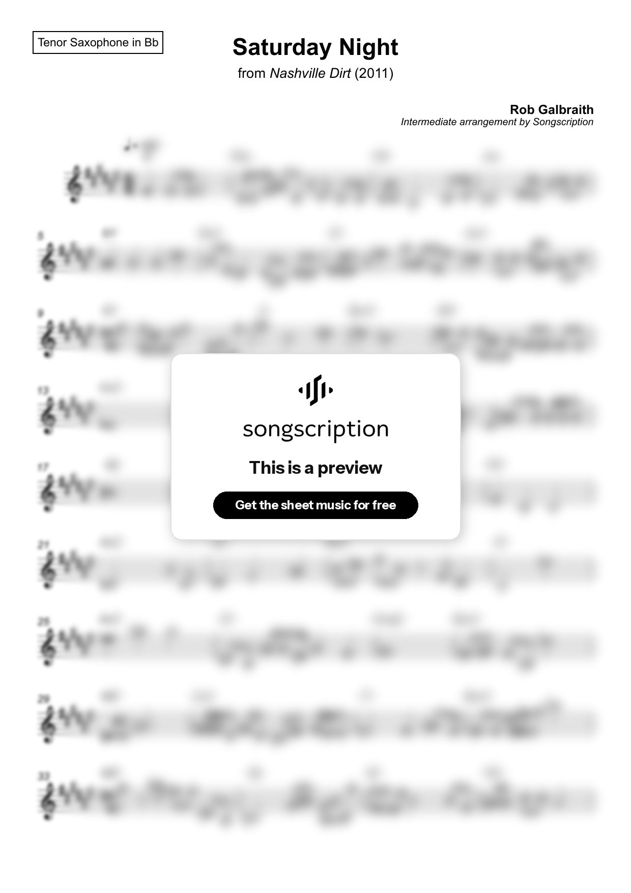 Intermediate Tenor Sax Sheet Music for "Saturday Night" by Rob Galbraith