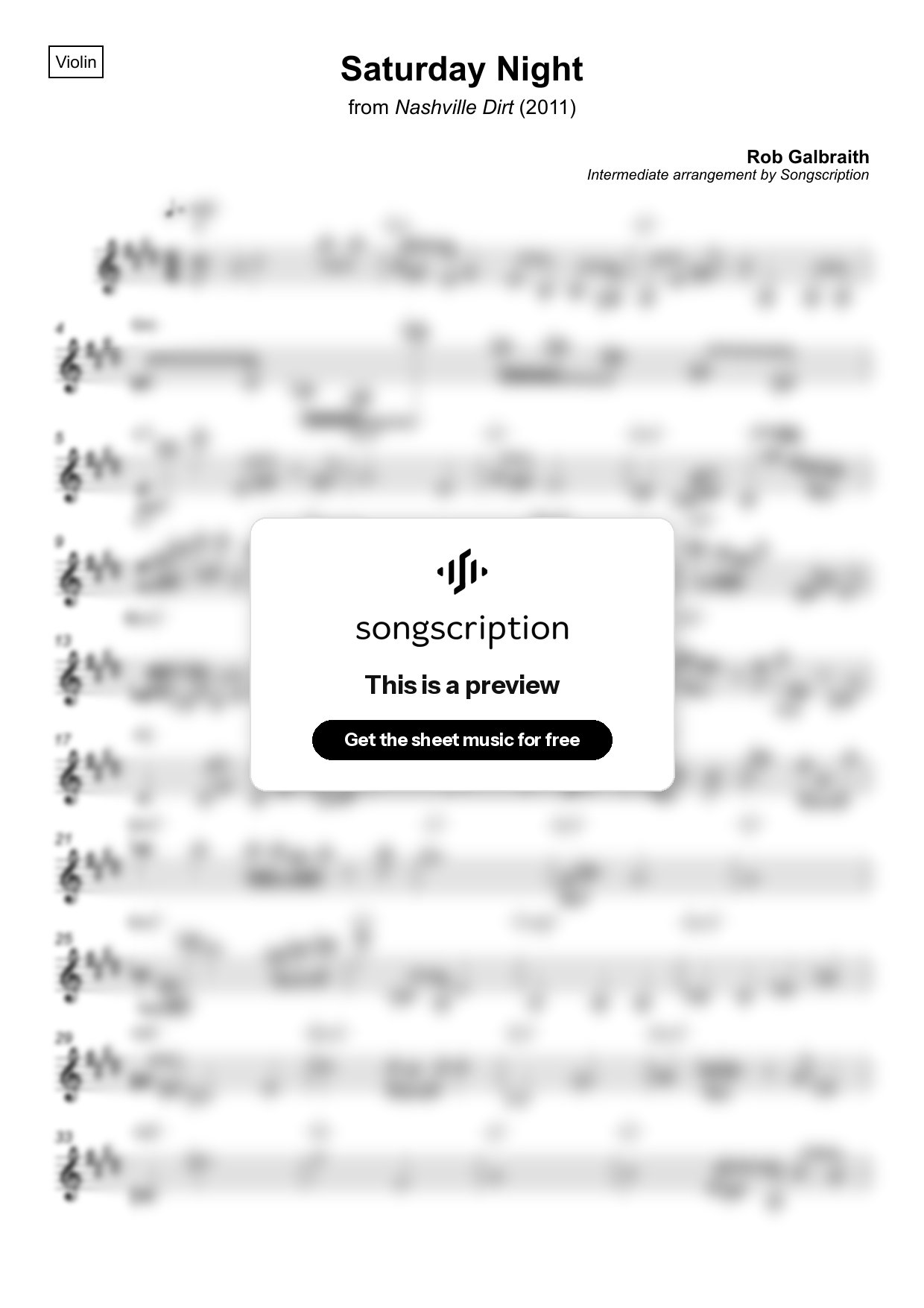 Intermediate Violin Sheet Music for "Saturday Night" by Rob Galbraith