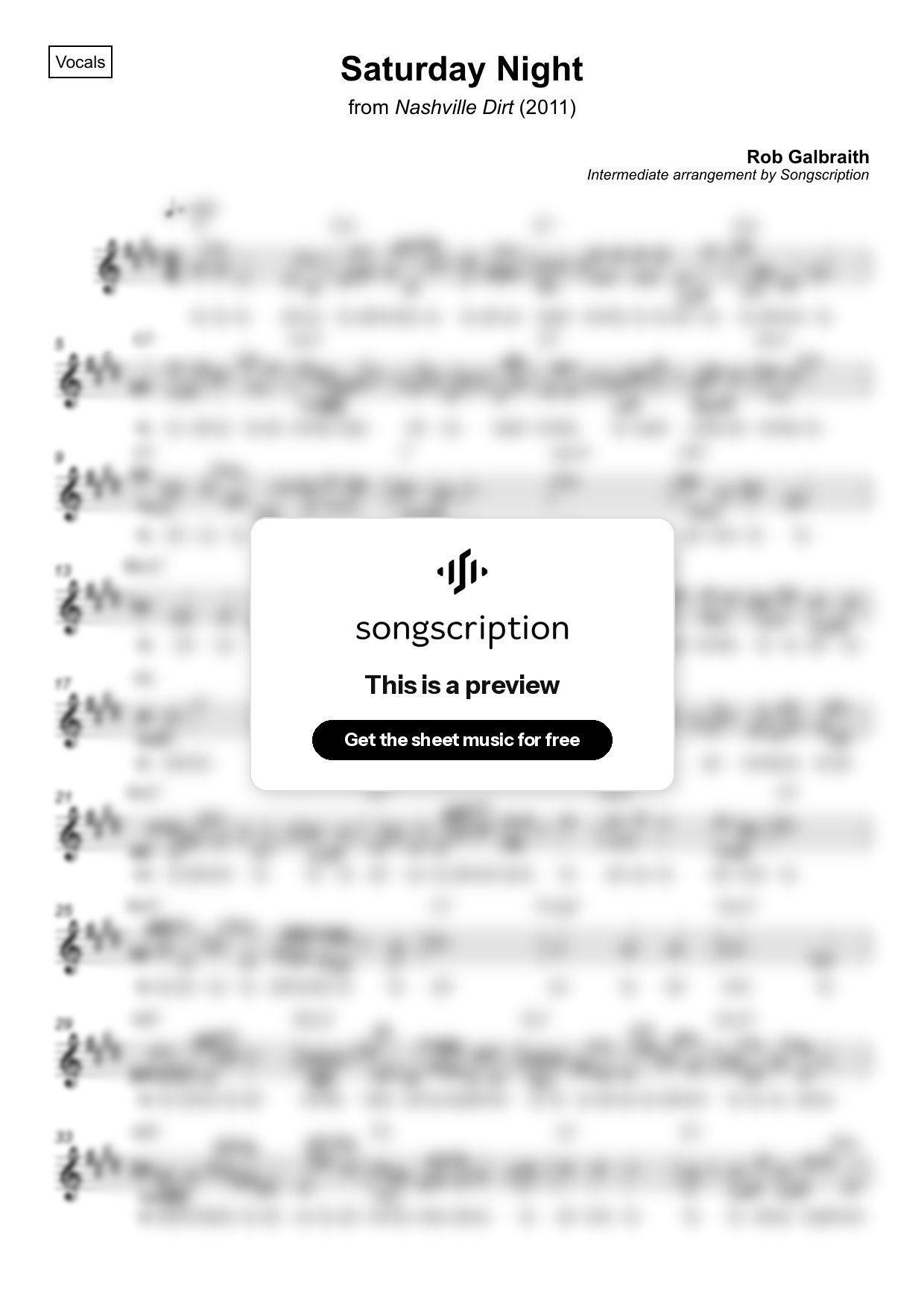 Intermediate Vocals Sheet Music for "Saturday Night" by Rob Galbraith