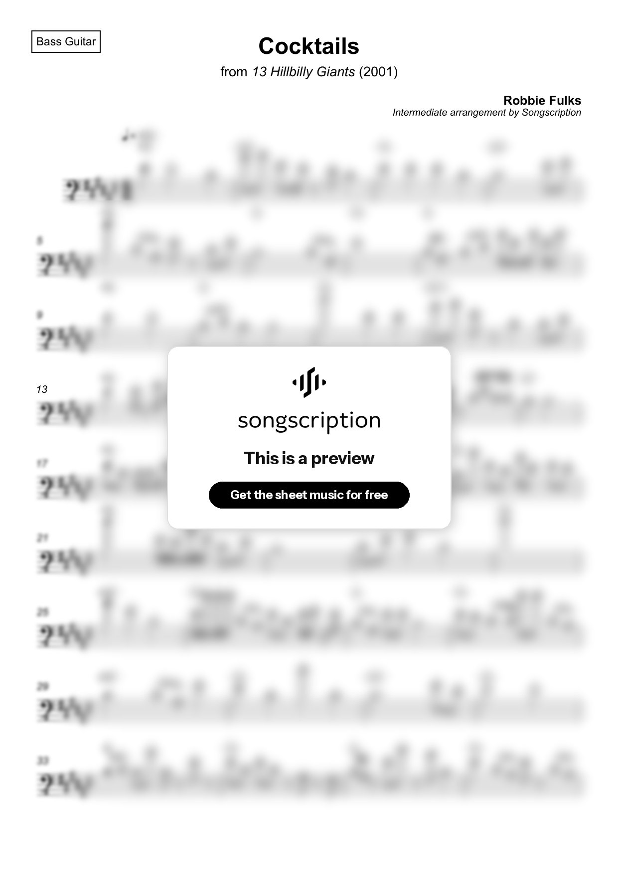 Intermediate Bass Guitar Sheet Music for "Cocktails" by Robbie Fulks