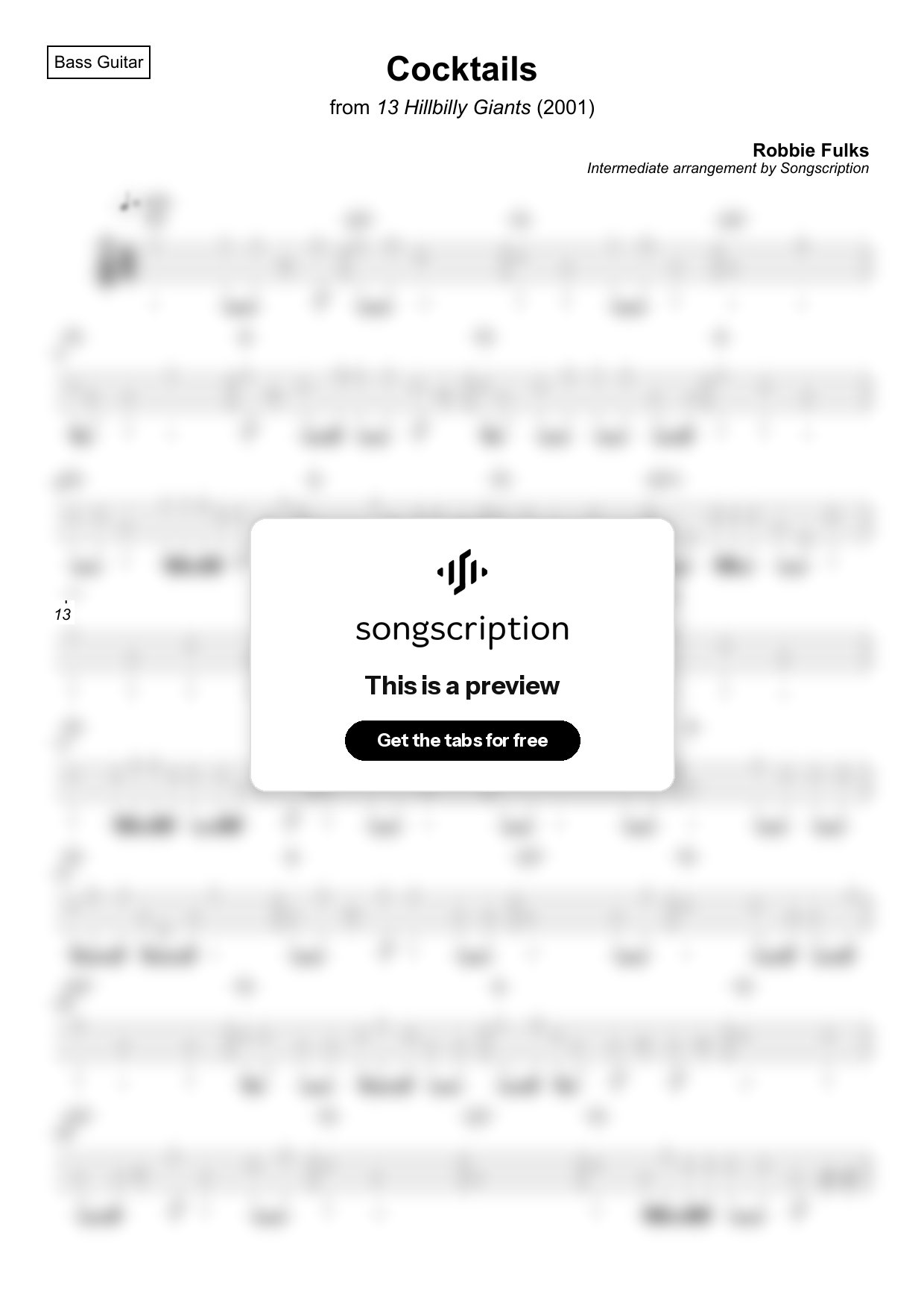 Intermediate Bass Guitar Tabs for "Cocktails" by Robbie Fulks