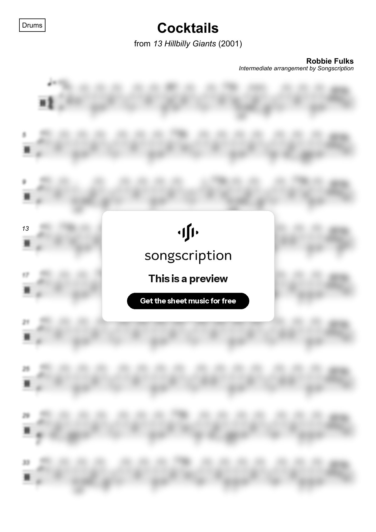 Intermediate Drums Sheet Music for "Cocktails" by Robbie Fulks