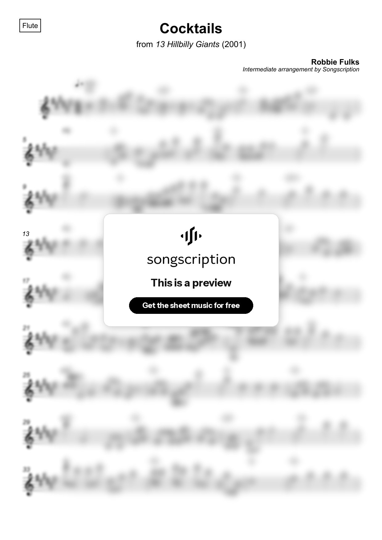 Intermediate Flute Sheet Music for "Cocktails" by Robbie Fulks