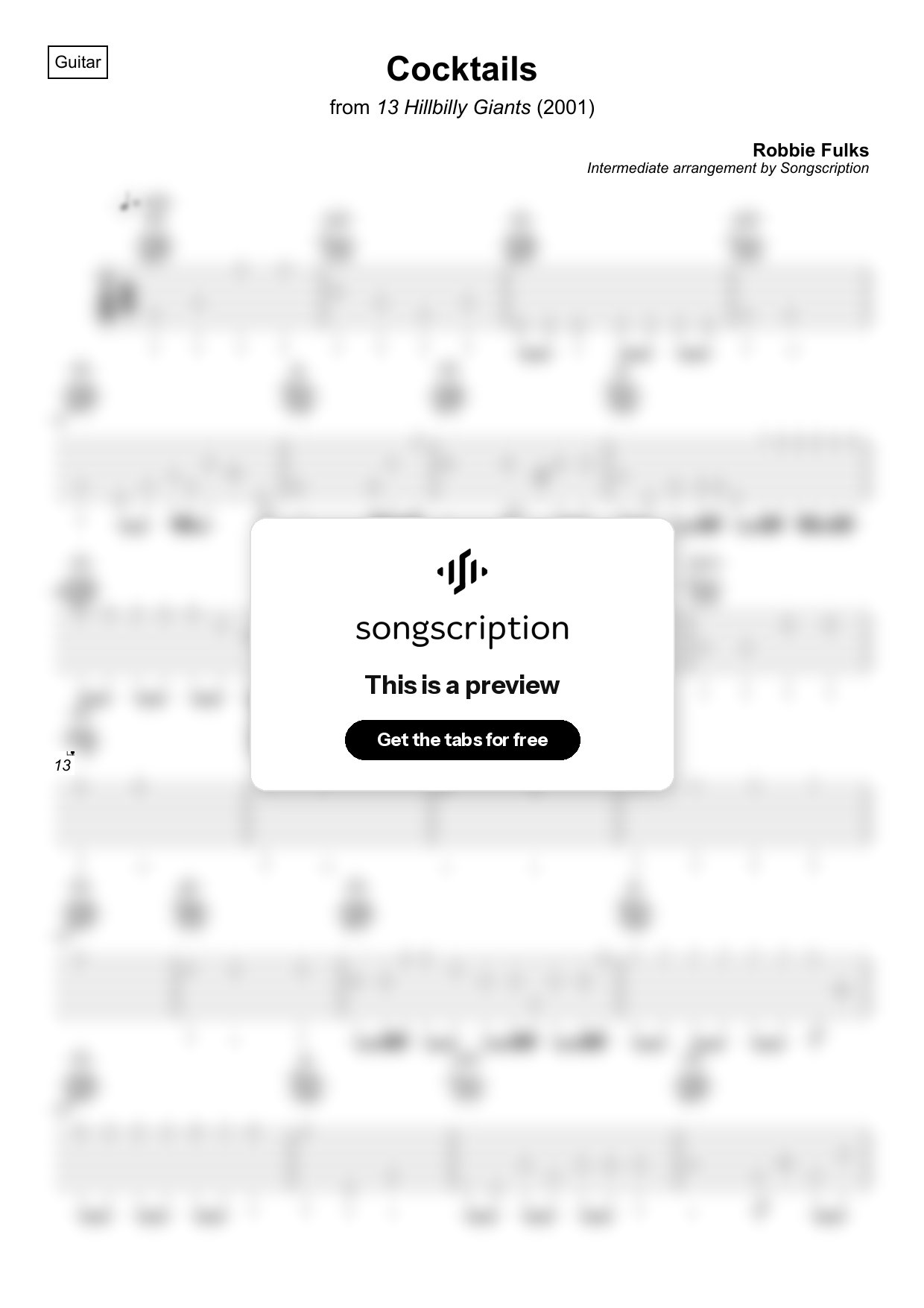 Intermediate Acoustic Guitar Tabs for "Cocktails" by Robbie Fulks