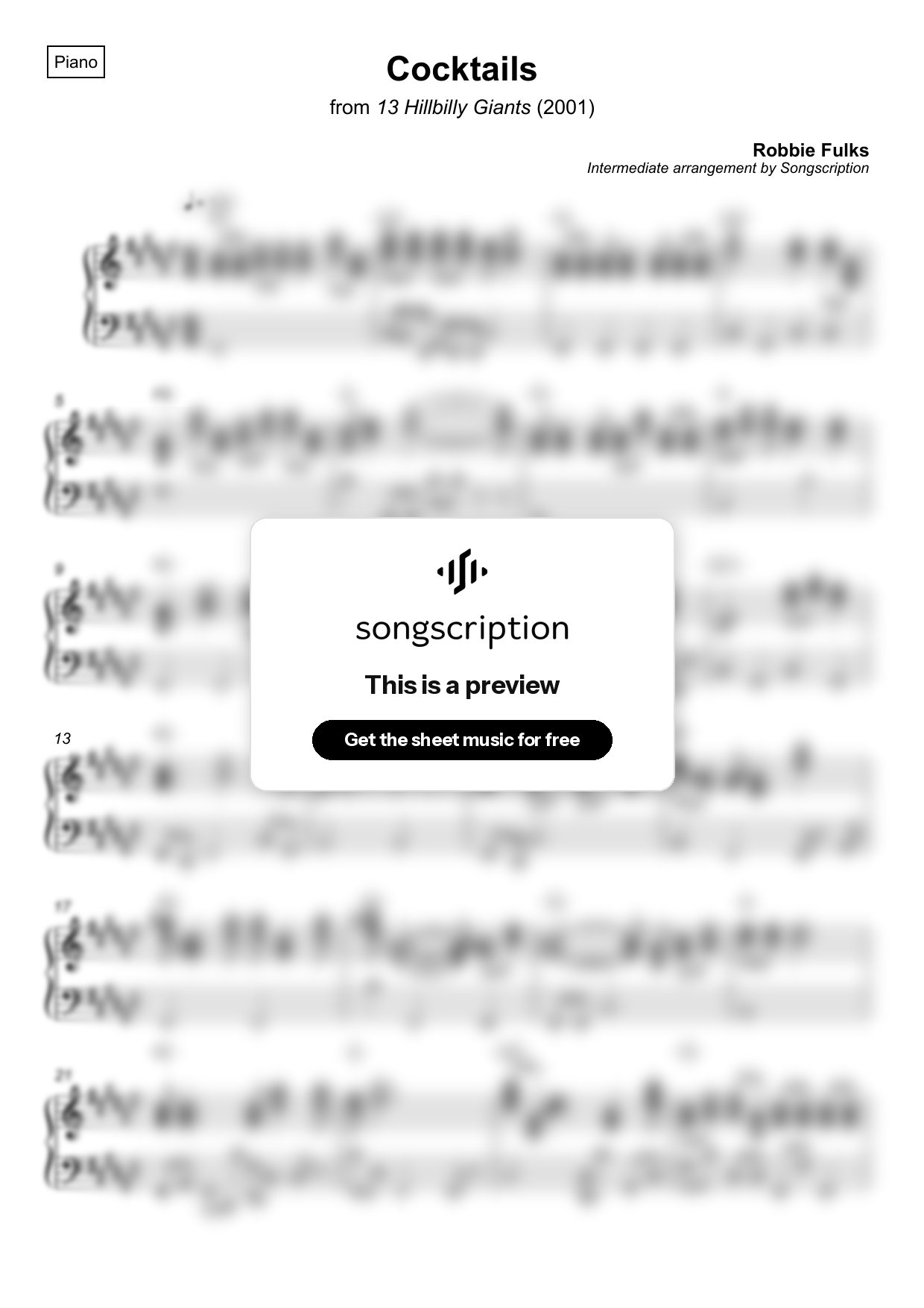 Intermediate Piano Sheet Music for "Cocktails" by Robbie Fulks