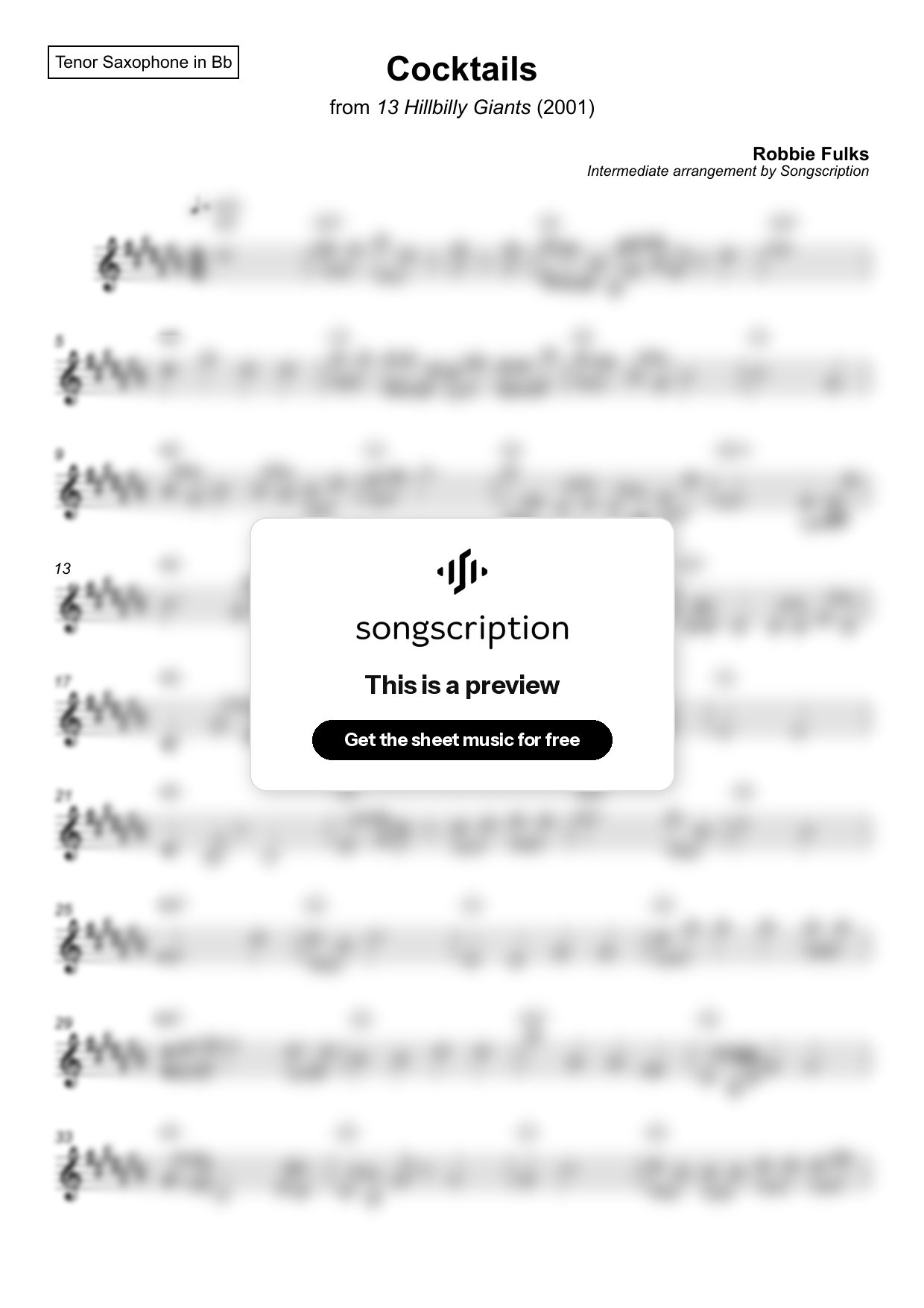 Intermediate Tenor Sax Sheet Music for "Cocktails" by Robbie Fulks