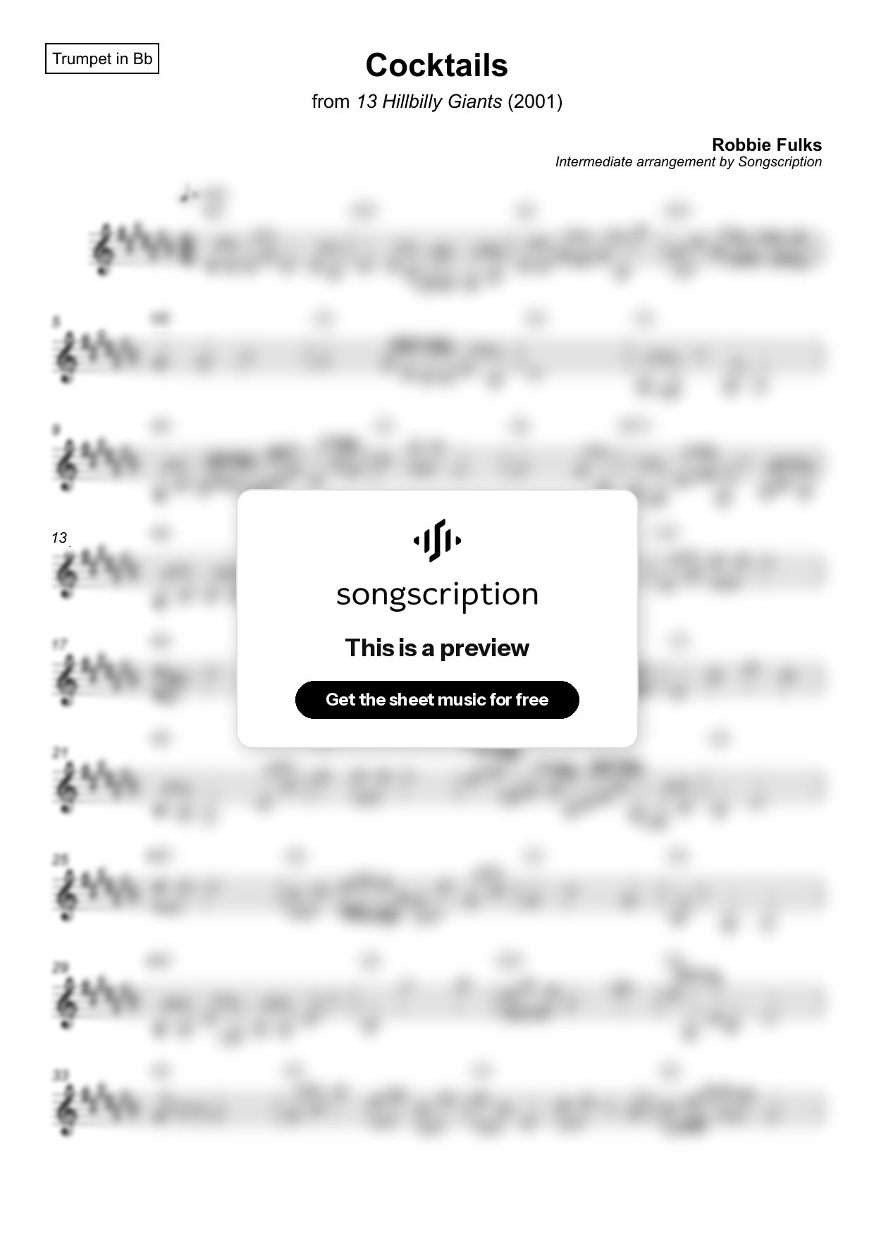 Intermediate Trumpet Sheet Music for "Cocktails" by Robbie Fulks