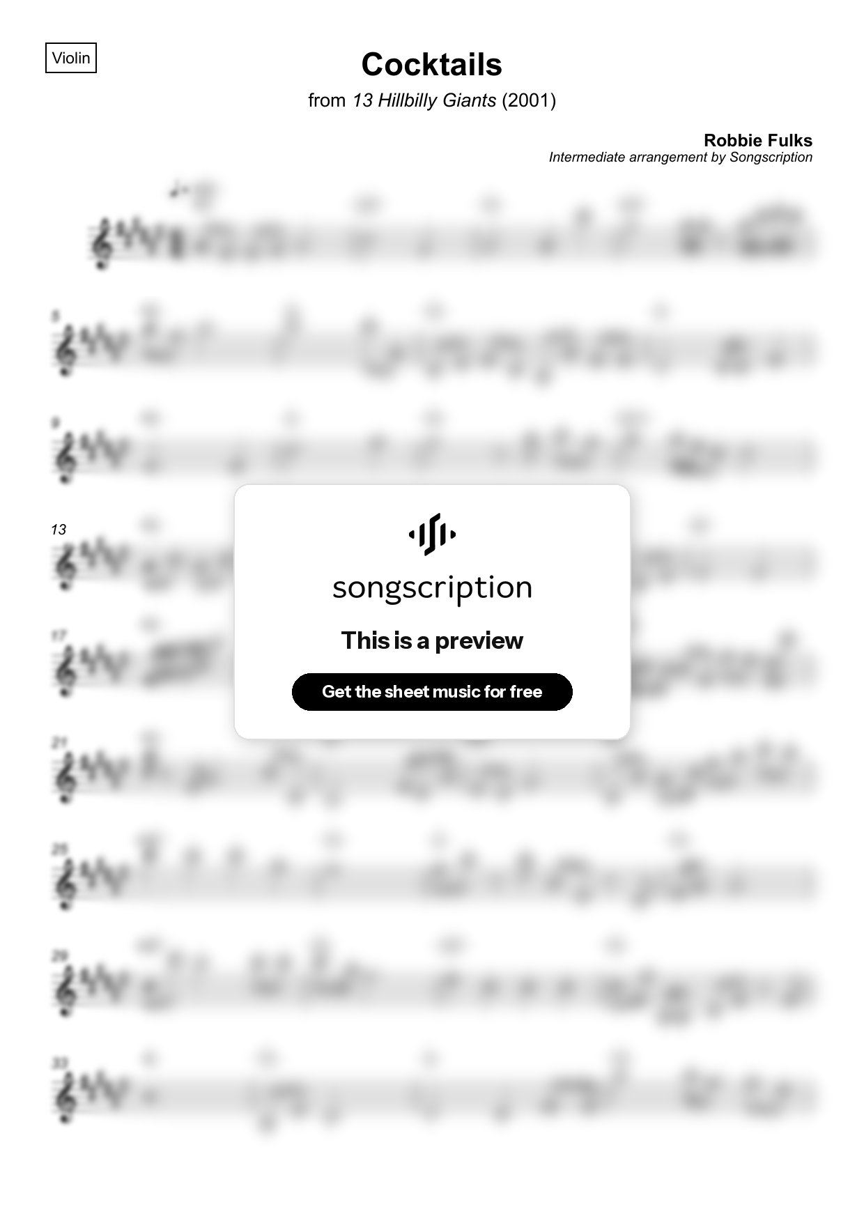 Intermediate Violin Sheet Music for "Cocktails" by Robbie Fulks