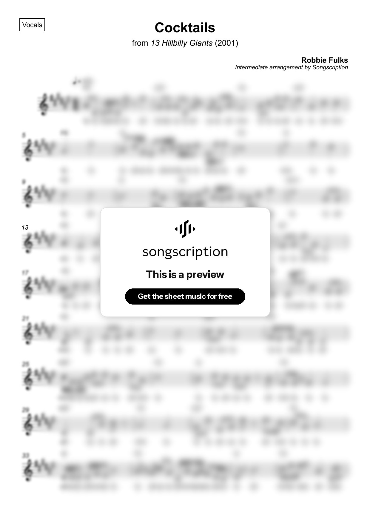 Intermediate Vocals Sheet Music for "Cocktails" by Robbie Fulks