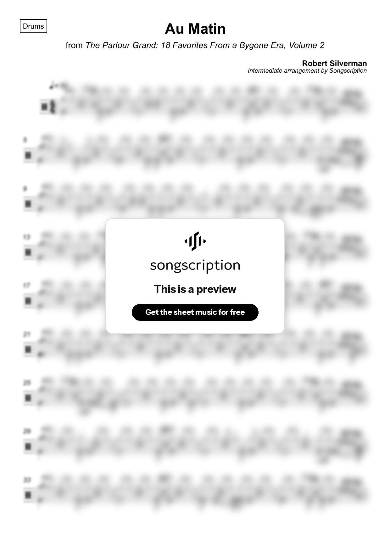 Intermediate Drums Sheet Music for "Au Matin" by Robert Silverman