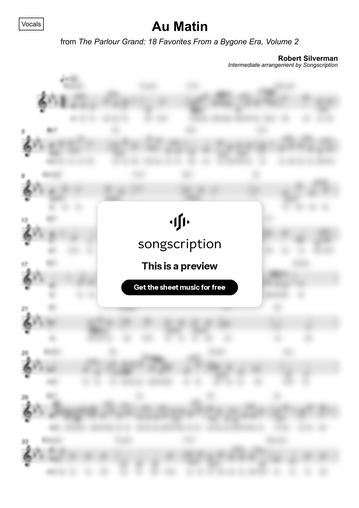 Intermediate Vocals Sheet Music for "Au Matin" by Robert Silverman