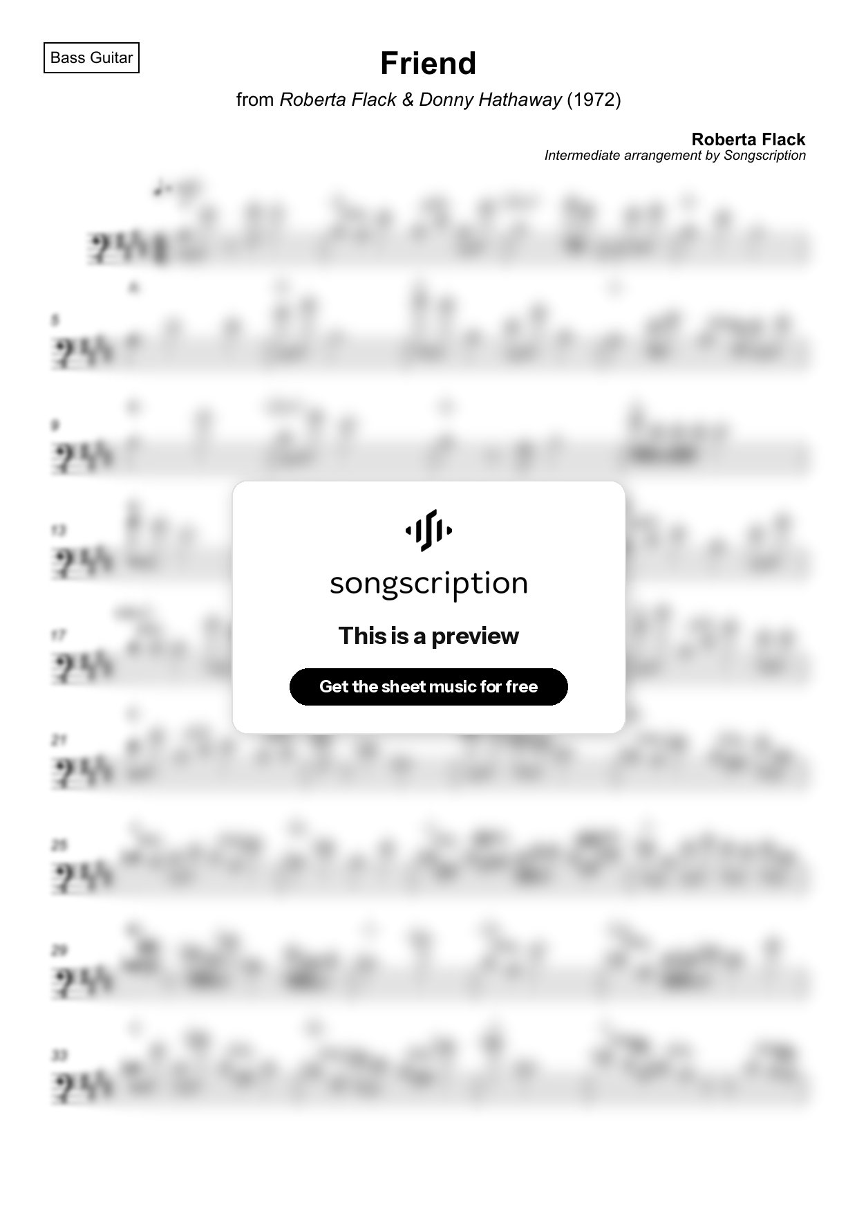 Intermediate Bass Guitar Sheet Music for "Friend" by Roberta Flack