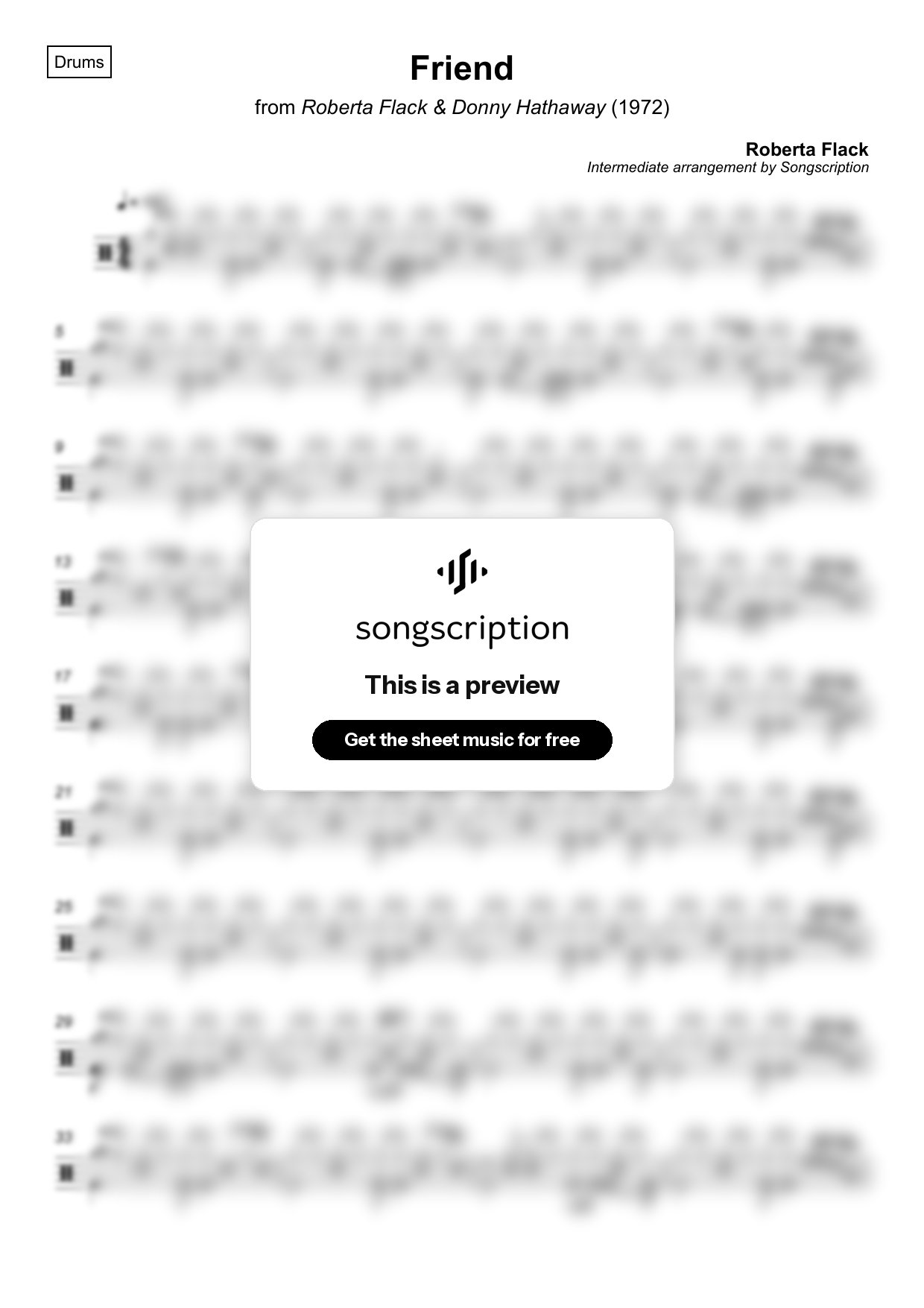 Intermediate Drums Sheet Music for "Friend" by Roberta Flack