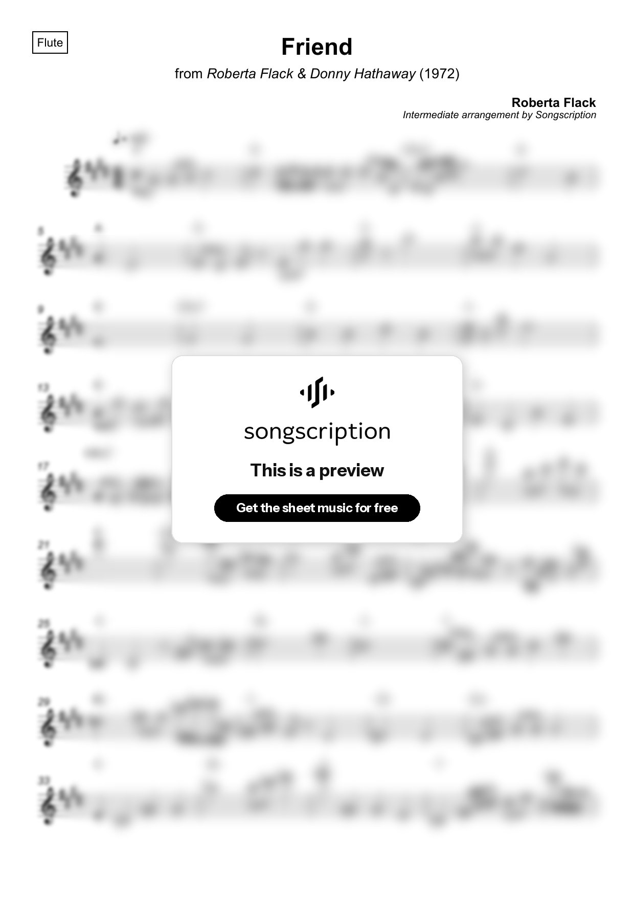 Intermediate Flute Sheet Music for "Friend" by Roberta Flack
