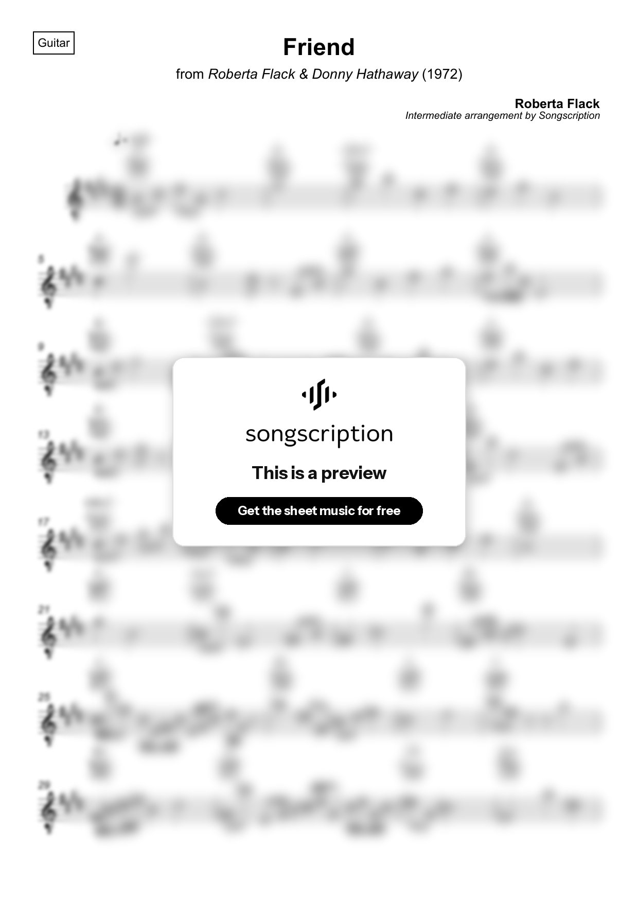 Intermediate Acoustic Guitar Sheet Music for "Friend" by Roberta Flack