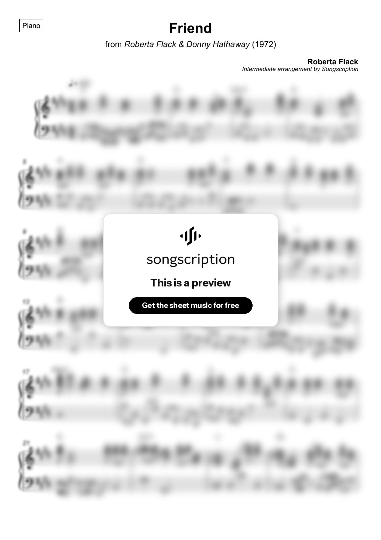 Intermediate Piano Sheet Music for "Friend" by Roberta Flack