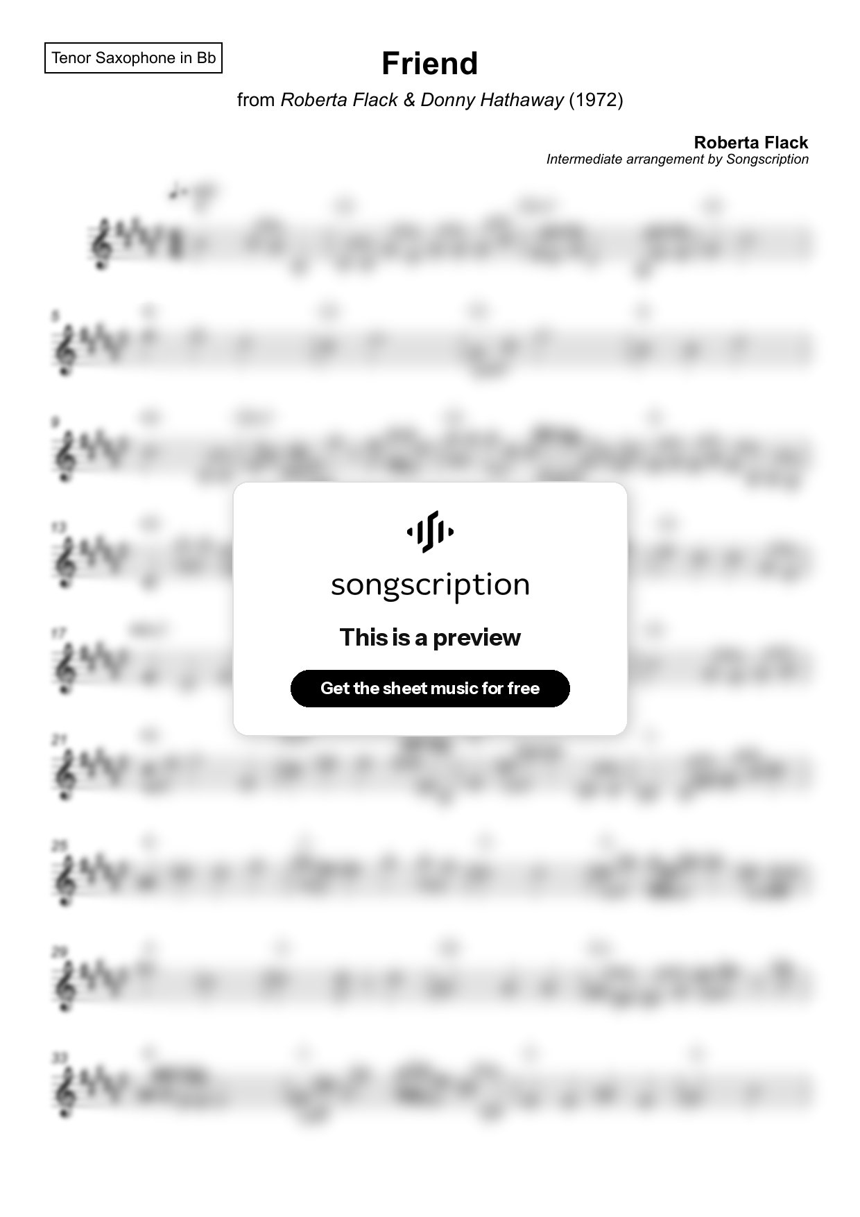 Intermediate Tenor Sax Sheet Music for "Friend" by Roberta Flack