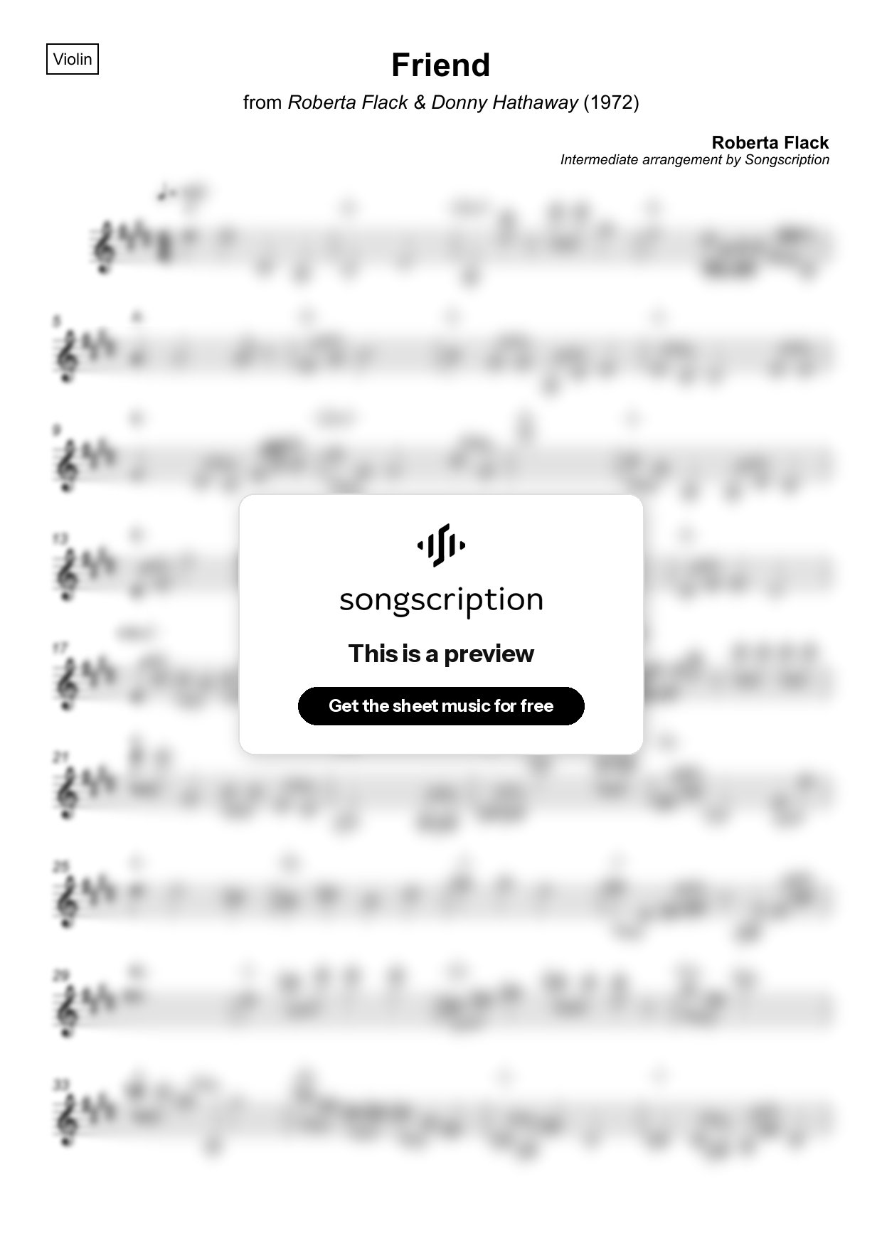 Intermediate Violin Sheet Music for "Friend" by Roberta Flack