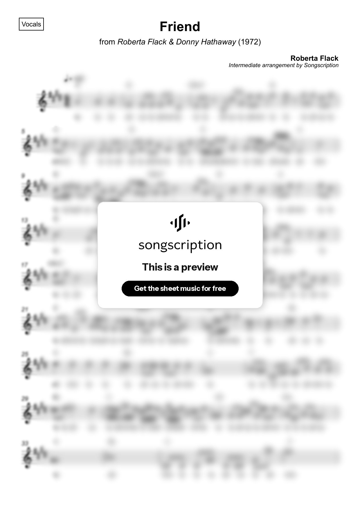 Intermediate Vocals Sheet Music for "Friend" by Roberta Flack
