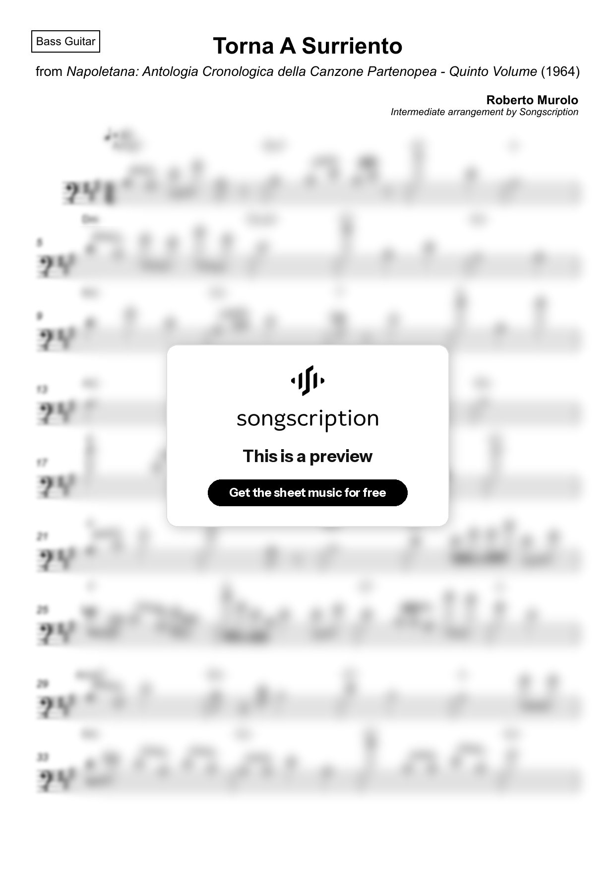 Intermediate Bass Guitar Sheet Music for "Torna A Surriento" by Roberto Murolo