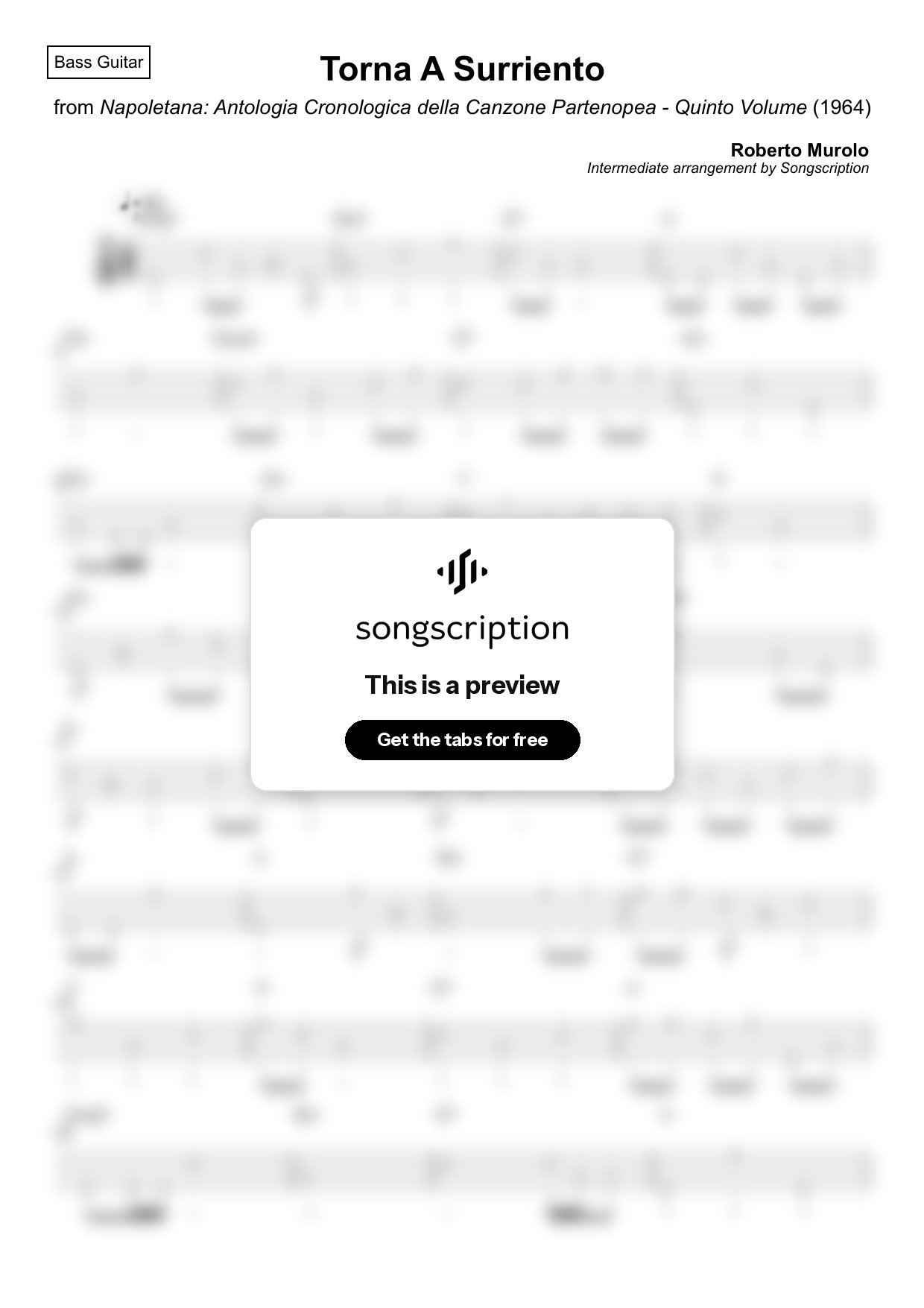 Intermediate Bass Guitar Tabs for "Torna A Surriento" by Roberto Murolo