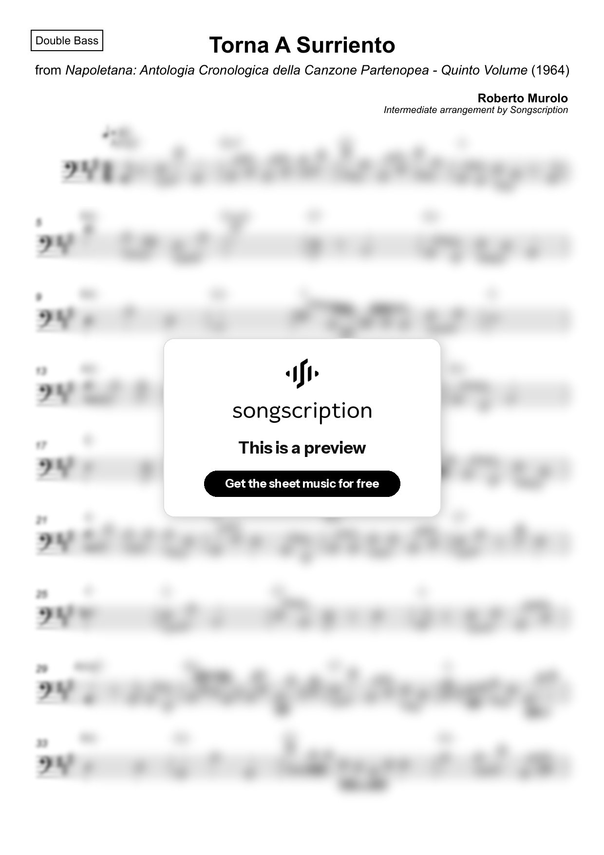 Intermediate Double Bass Sheet Music for "Torna A Surriento" by Roberto Murolo