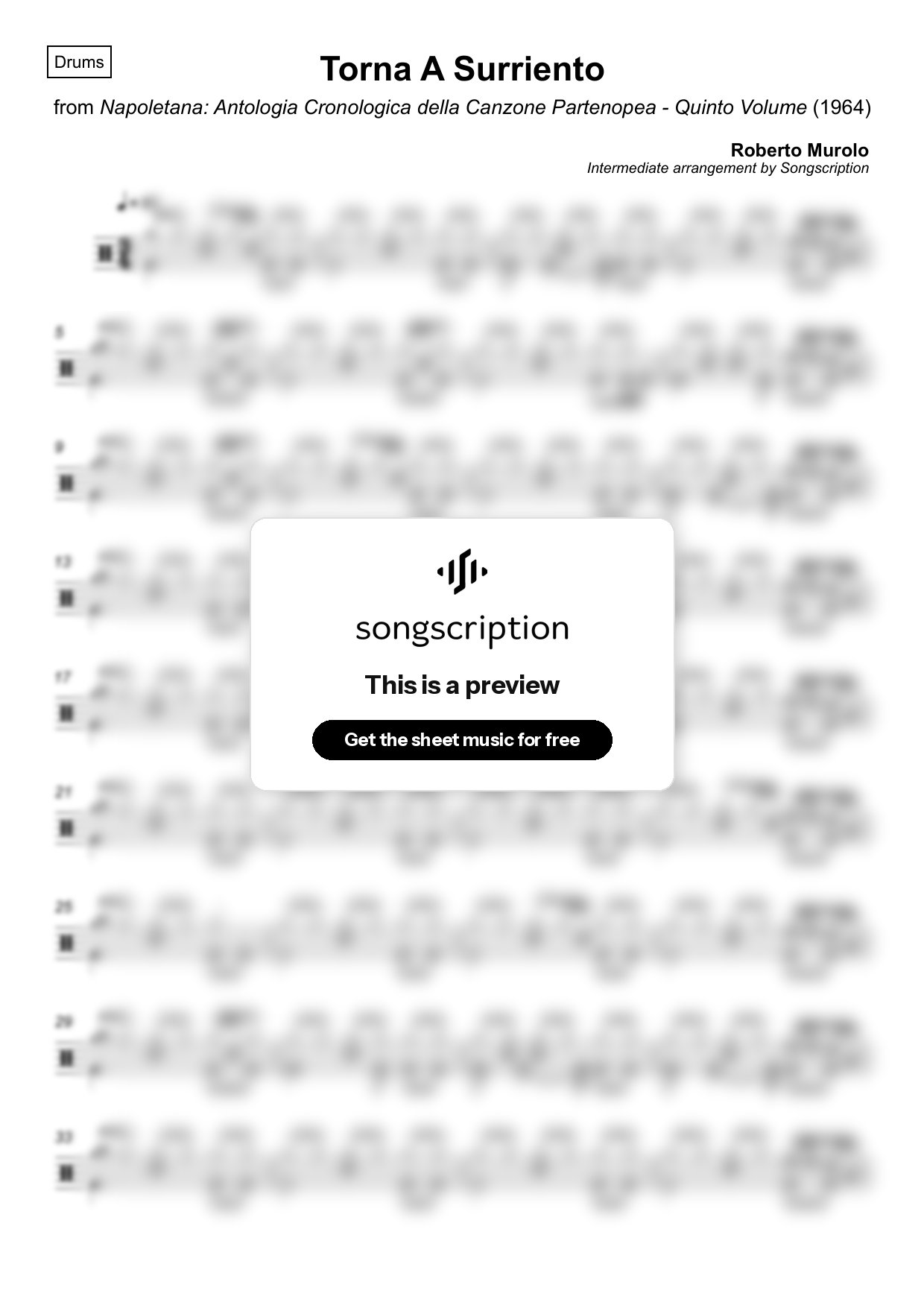 Intermediate Drums Sheet Music for "Torna A Surriento" by Roberto Murolo