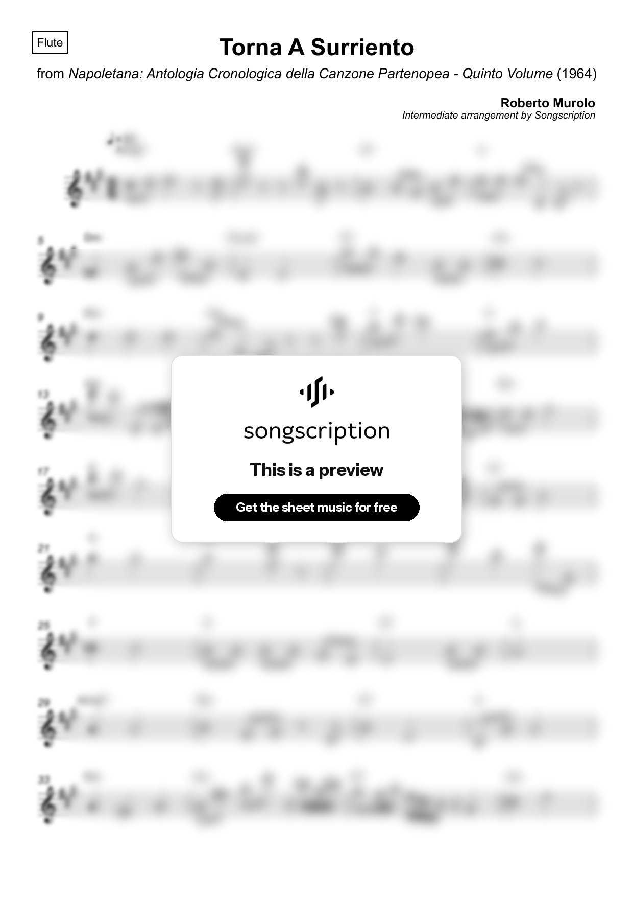 Intermediate Flute Sheet Music for "Torna A Surriento" by Roberto Murolo