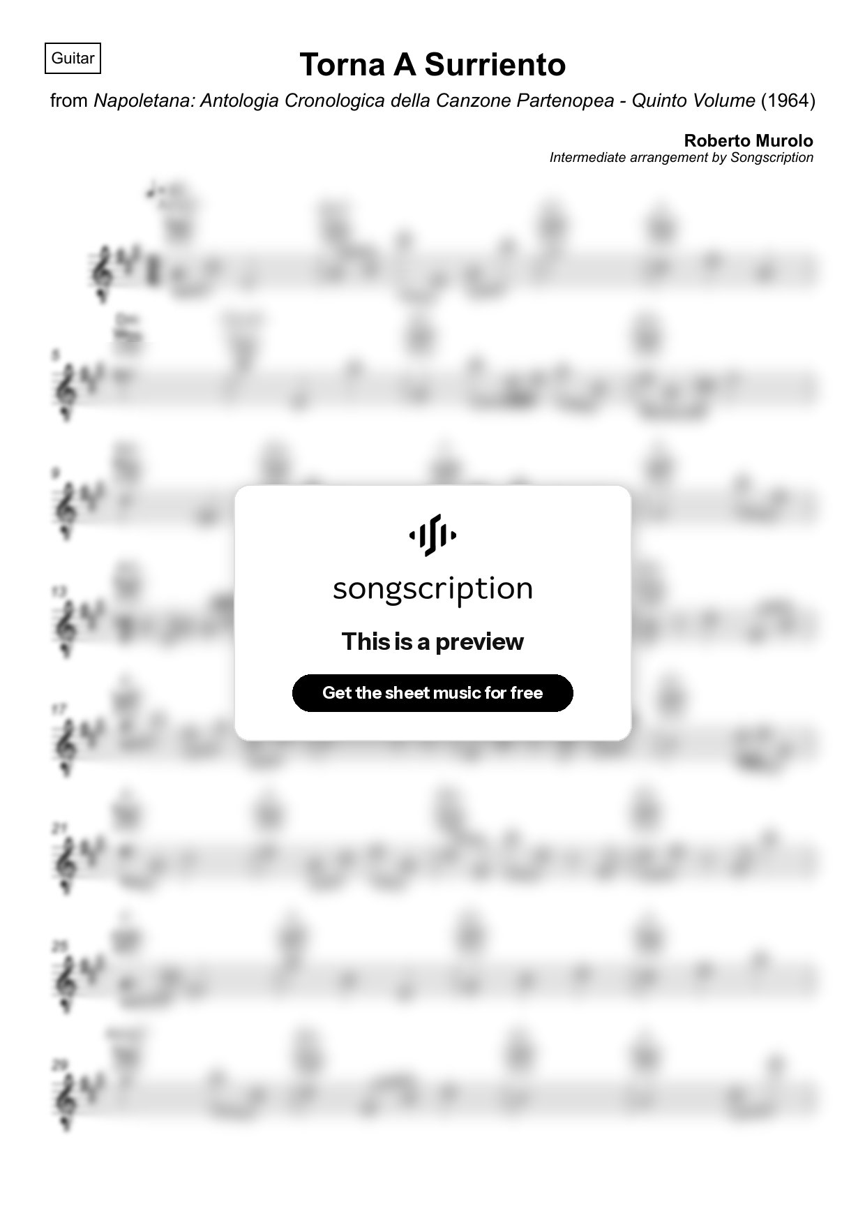 Intermediate Acoustic Guitar Sheet Music for "Torna A Surriento" by Roberto Murolo