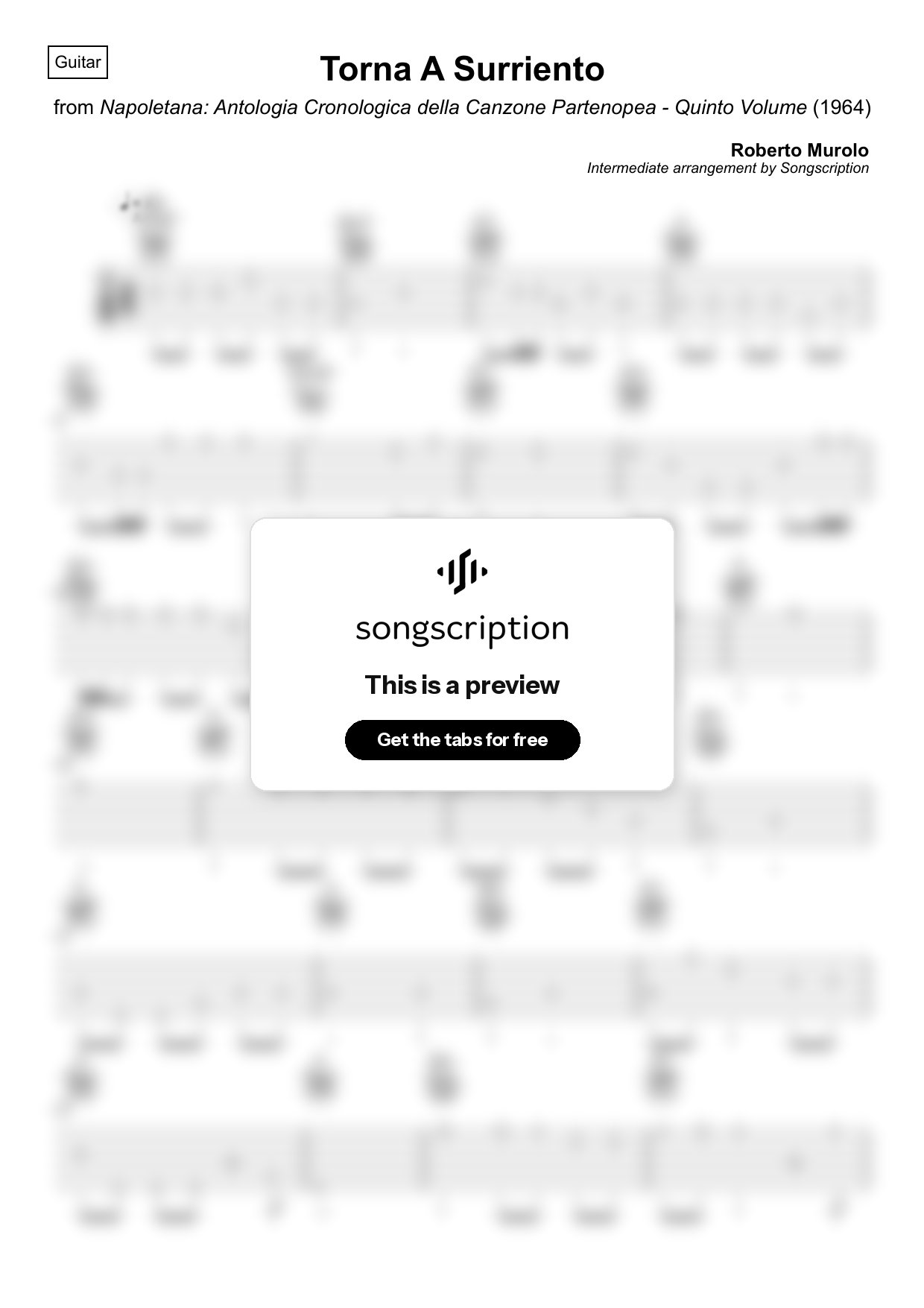 Intermediate Acoustic Guitar Tabs for "Torna A Surriento" by Roberto Murolo