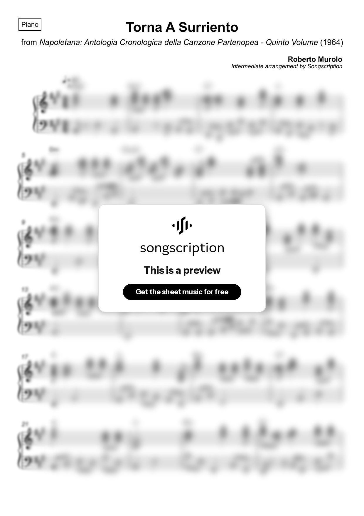 Intermediate Piano Sheet Music for "Torna A Surriento" by Roberto Murolo