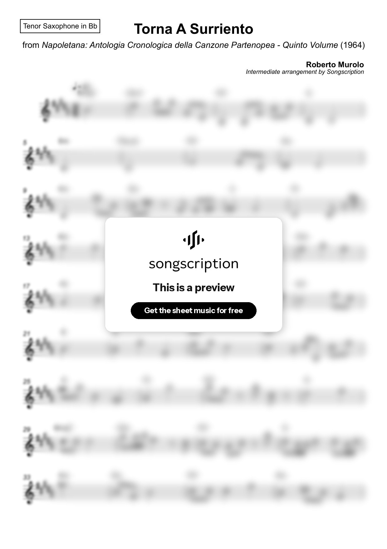 Intermediate Tenor Sax Sheet Music for "Torna A Surriento" by Roberto Murolo