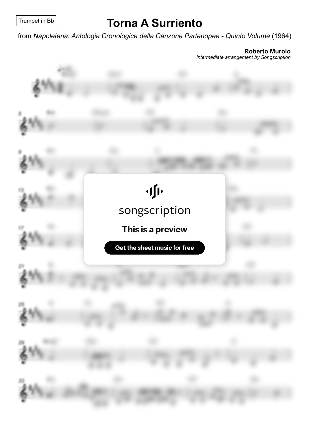Intermediate Trumpet Sheet Music for "Torna A Surriento" by Roberto Murolo