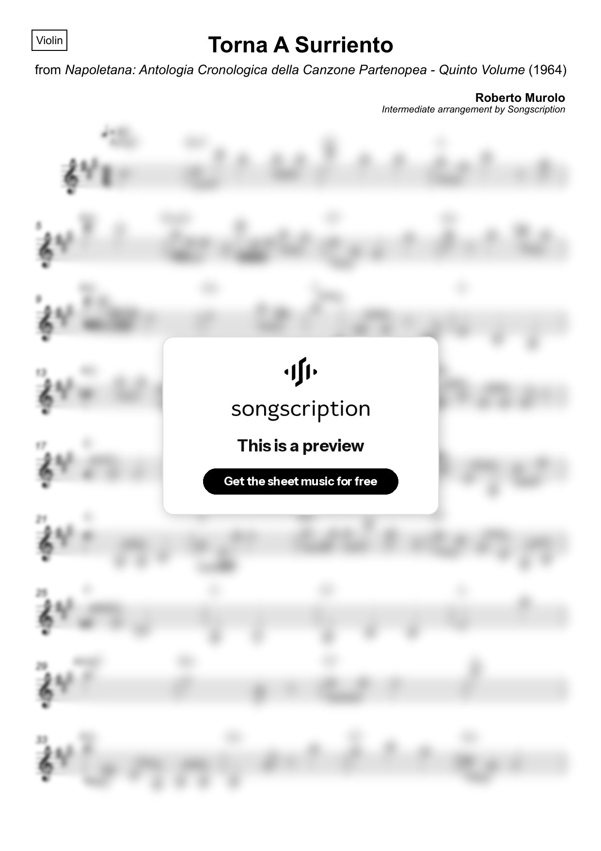 Intermediate Violin Sheet Music for "Torna A Surriento" by Roberto Murolo