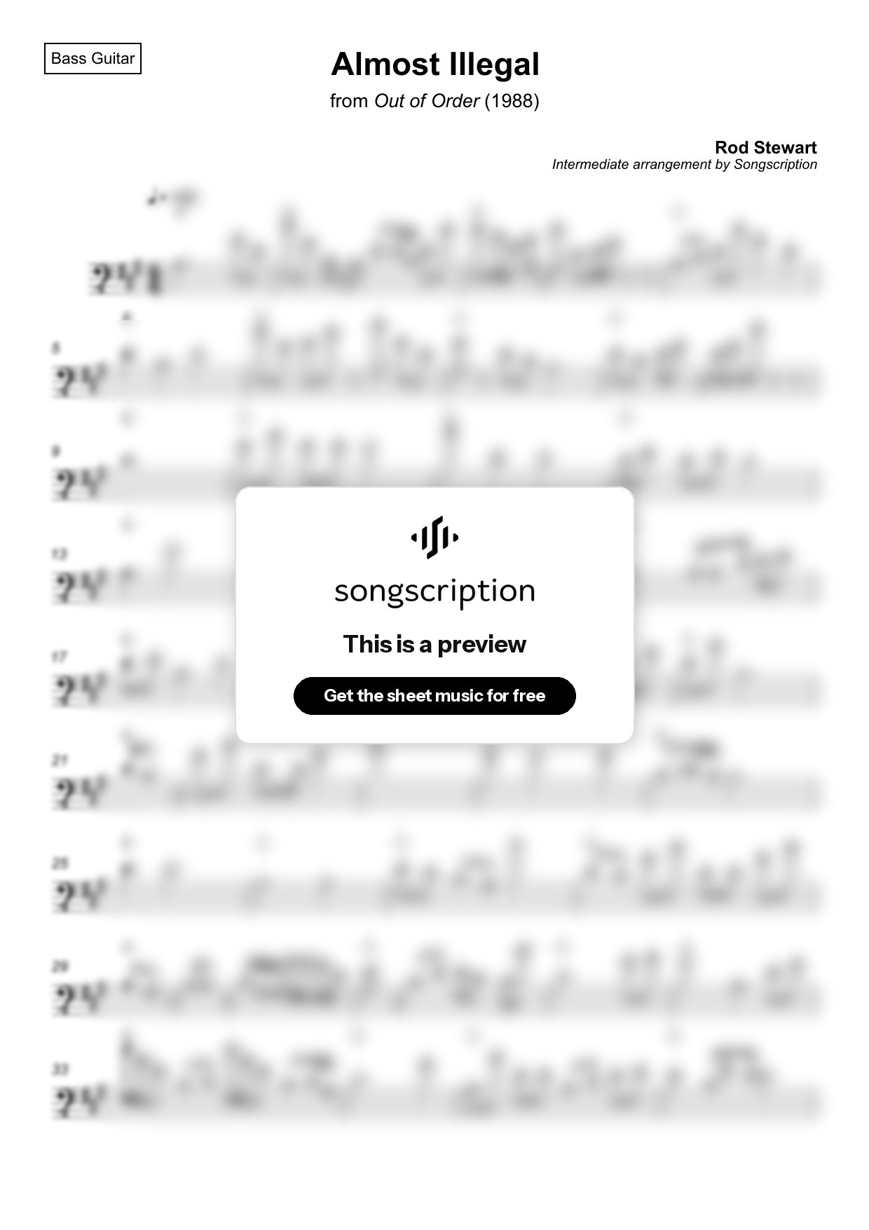 Intermediate Bass Guitar Sheet Music for "Almost Illegal" by Rod Stewart