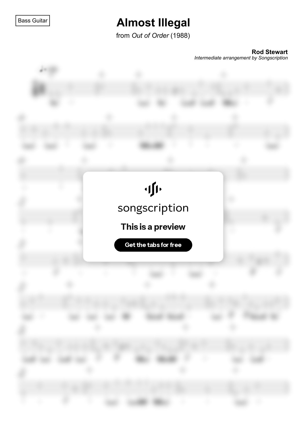 Intermediate Bass Guitar Tabs for "Almost Illegal" by Rod Stewart