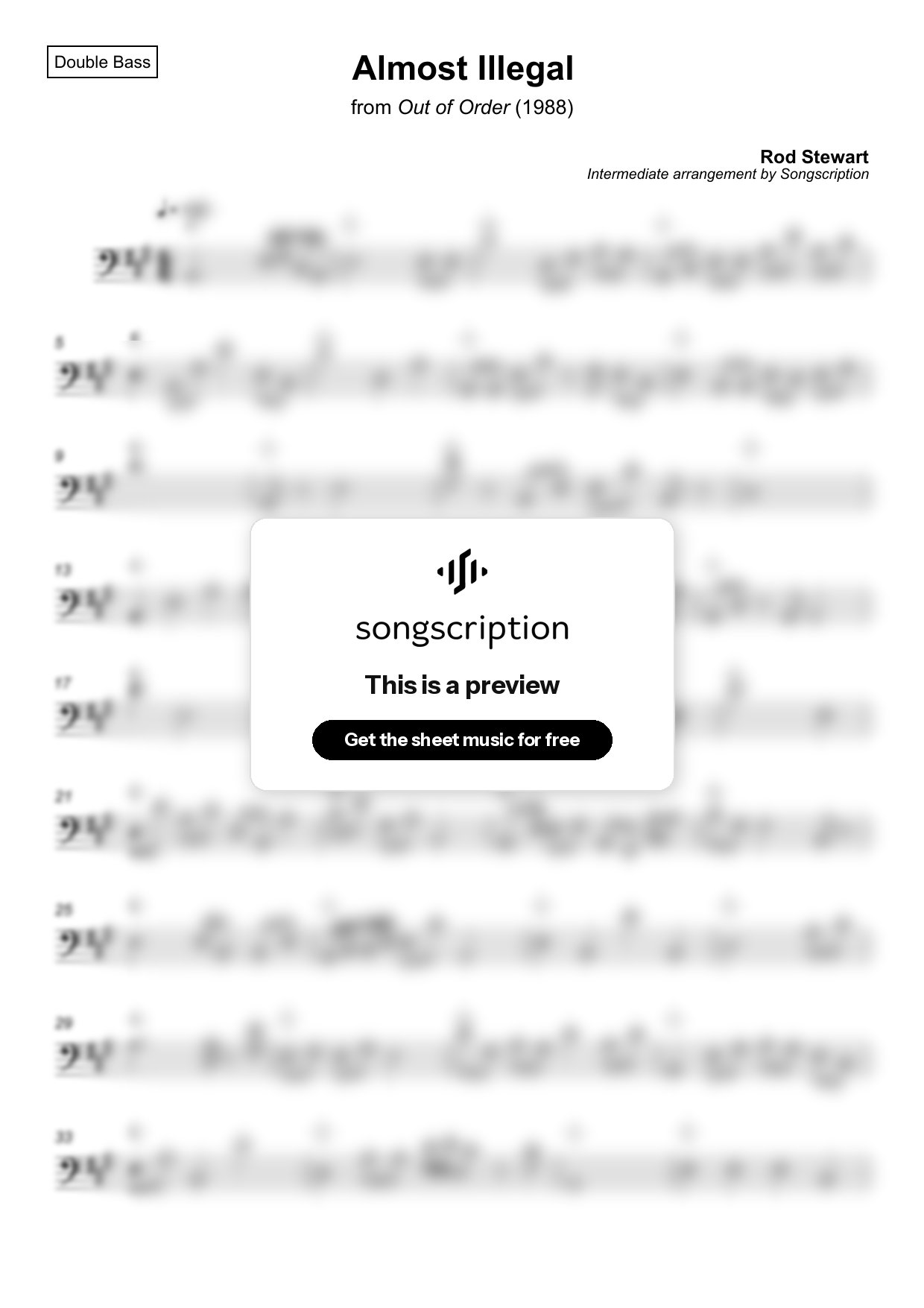 Intermediate Double Bass Sheet Music for "Almost Illegal" by Rod Stewart