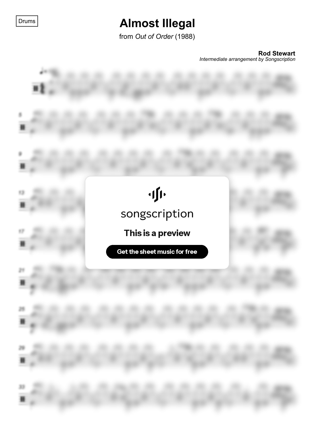 Intermediate Drums Sheet Music for "Almost Illegal" by Rod Stewart