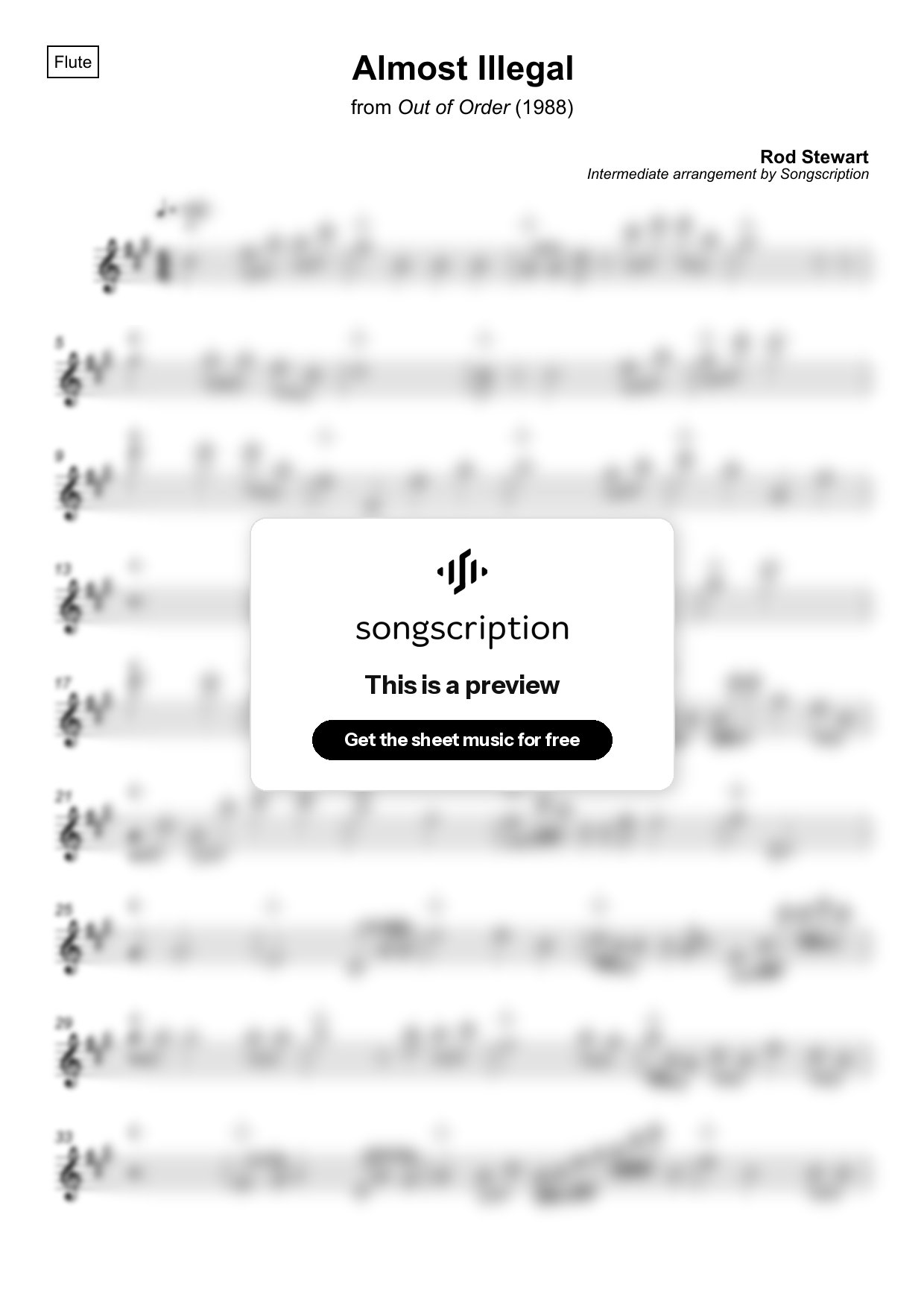 Intermediate Flute Sheet Music for "Almost Illegal" by Rod Stewart