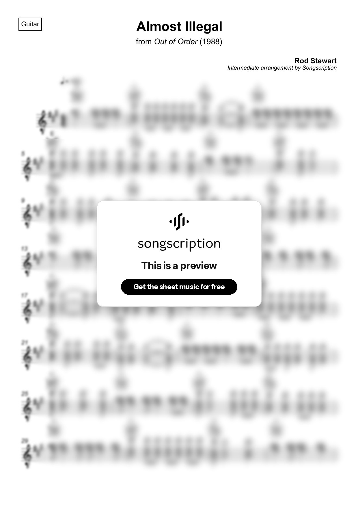 Intermediate Acoustic Guitar Sheet Music for "Almost Illegal" by Rod Stewart