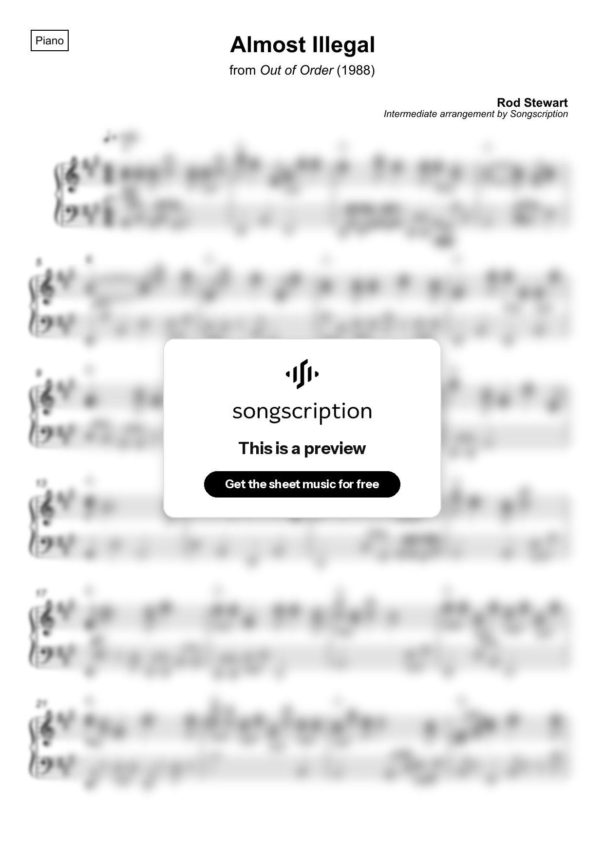 Intermediate Piano Sheet Music for "Almost Illegal" by Rod Stewart