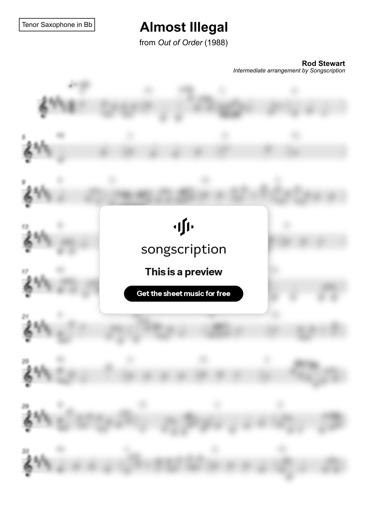 Intermediate Tenor Sax Sheet Music for "Almost Illegal" by Rod Stewart