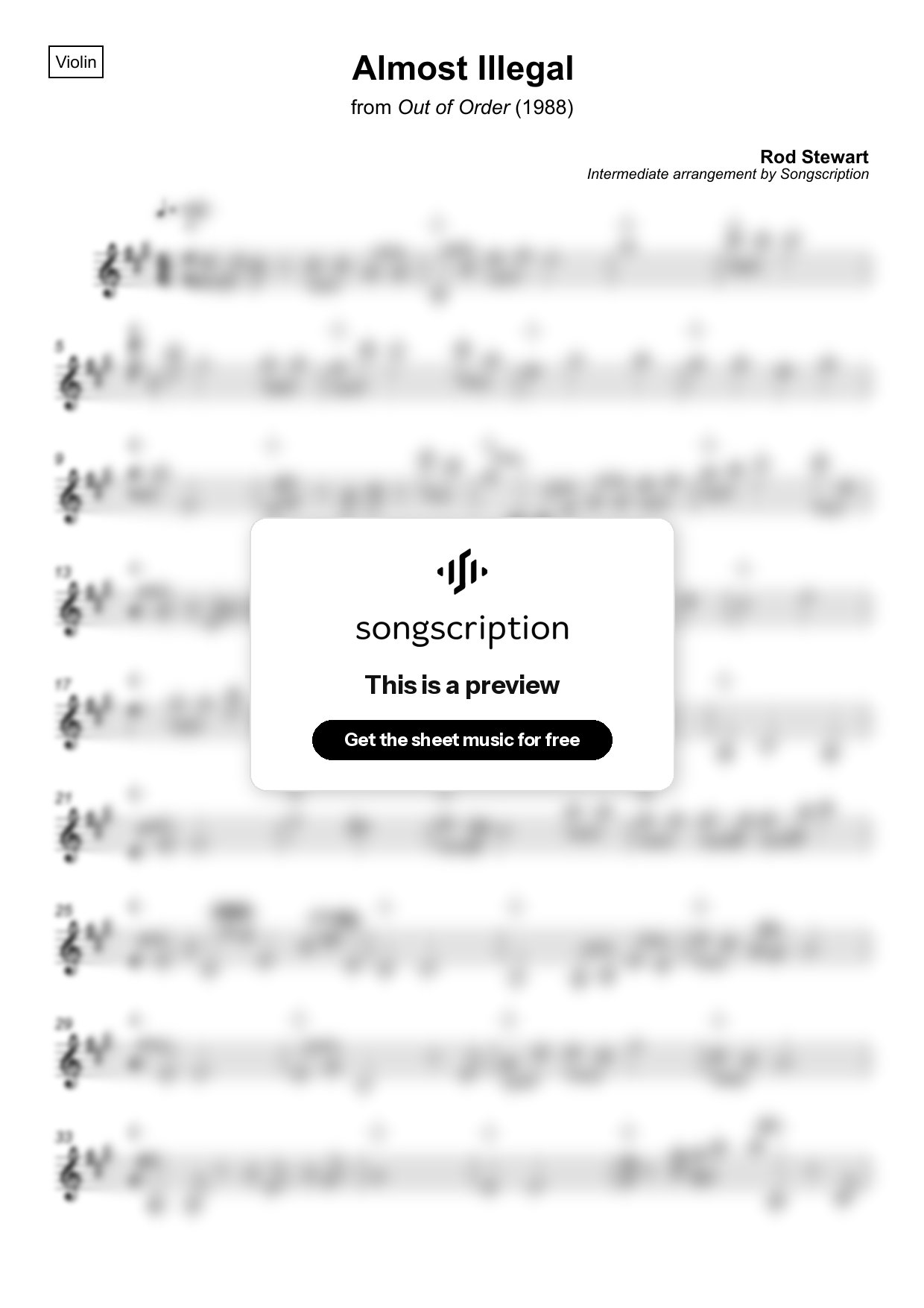 Intermediate Violin Sheet Music for "Almost Illegal" by Rod Stewart