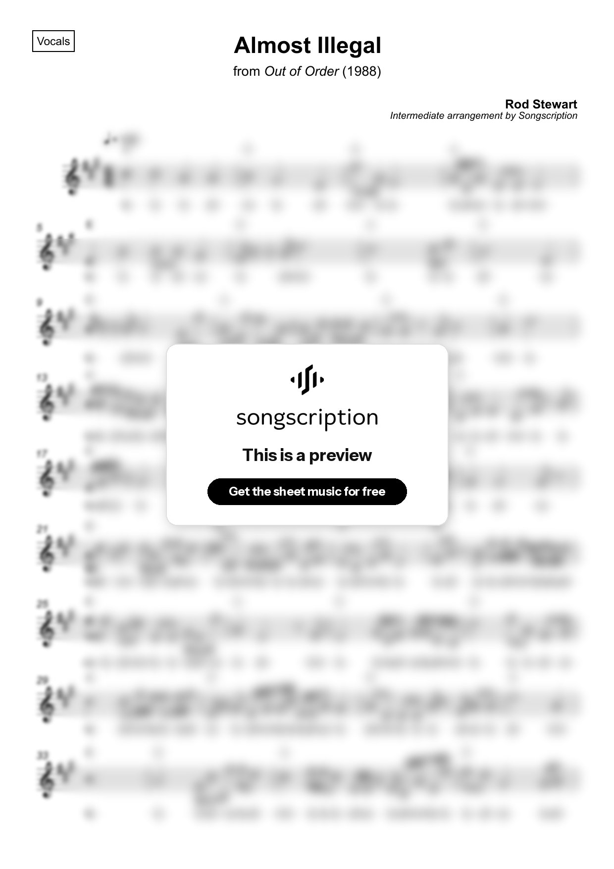 Intermediate Vocals Sheet Music for "Almost Illegal" by Rod Stewart