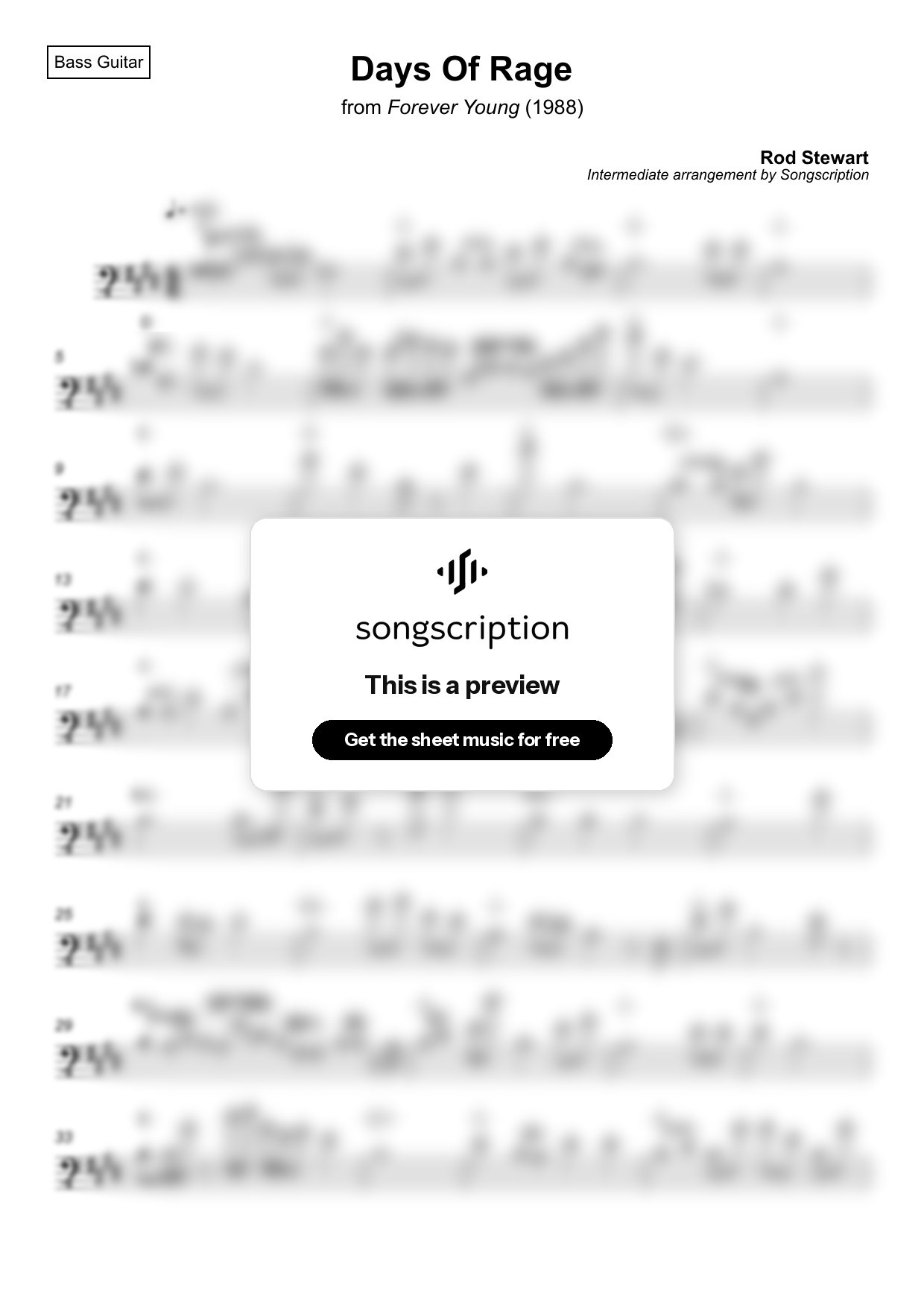 Intermediate Bass Guitar Sheet Music for "Days Of Rage" by Rod Stewart